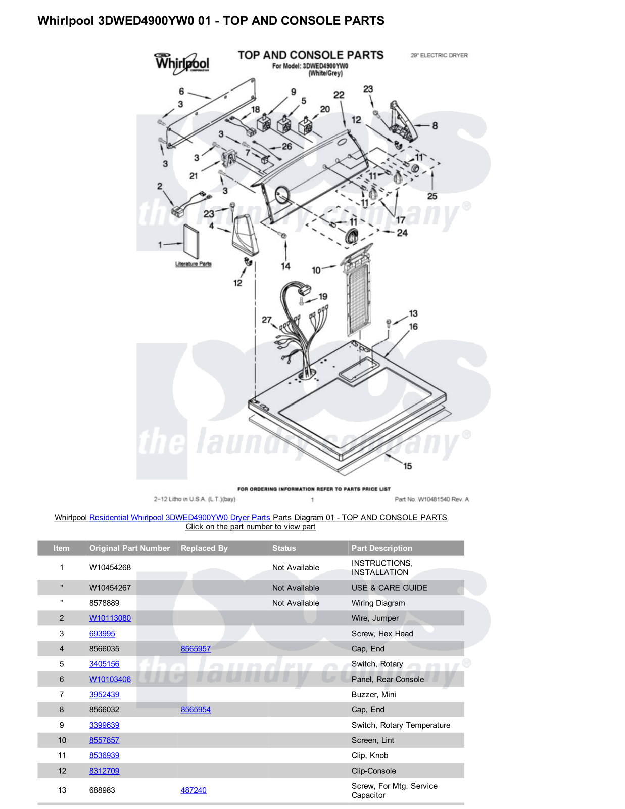 Whirlpool 3DWED4900YW0 Parts Diagram