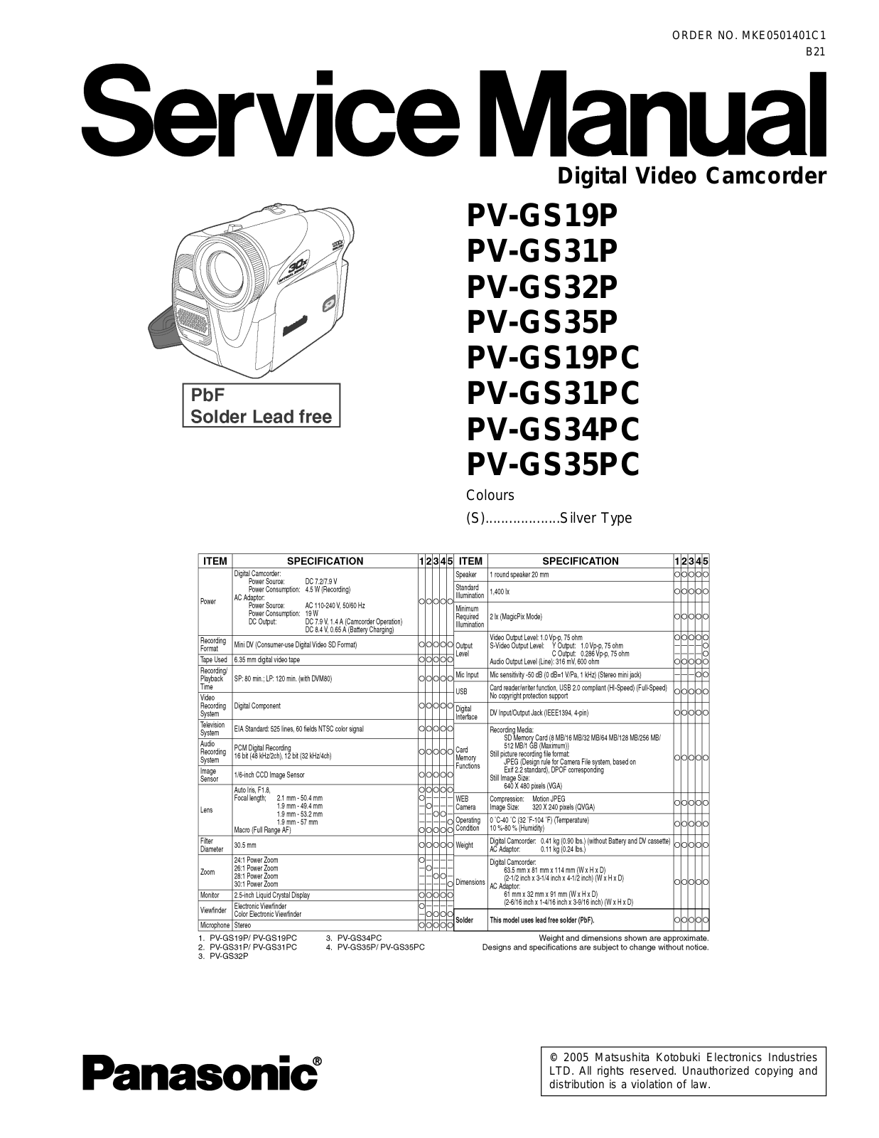 Panasonic PV-GS19P, PV-GS31P, PV-GS32P, PV-GS35P, PV-GS19PC Service Manual
