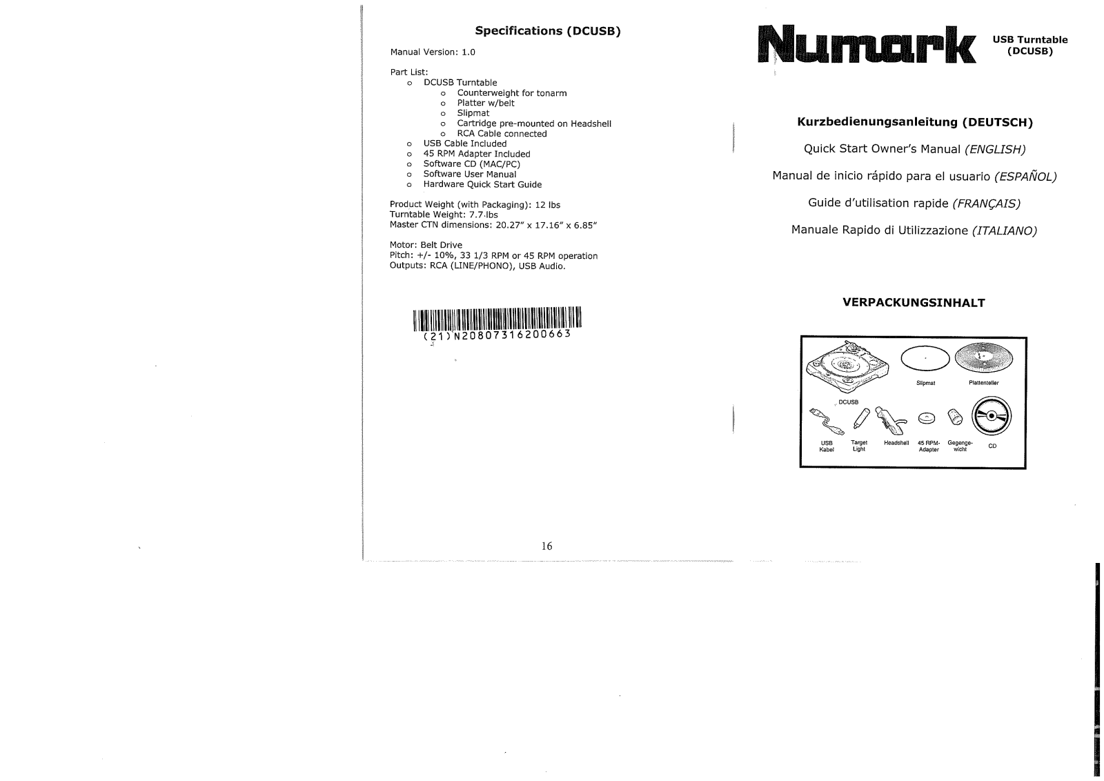 Numark DC-USB User Guide