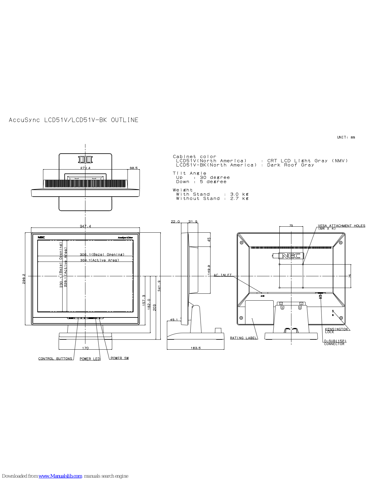 NEC AccuSync LCD51V, AccuSync LCD51V-BK Specifications - ManualMachine.com