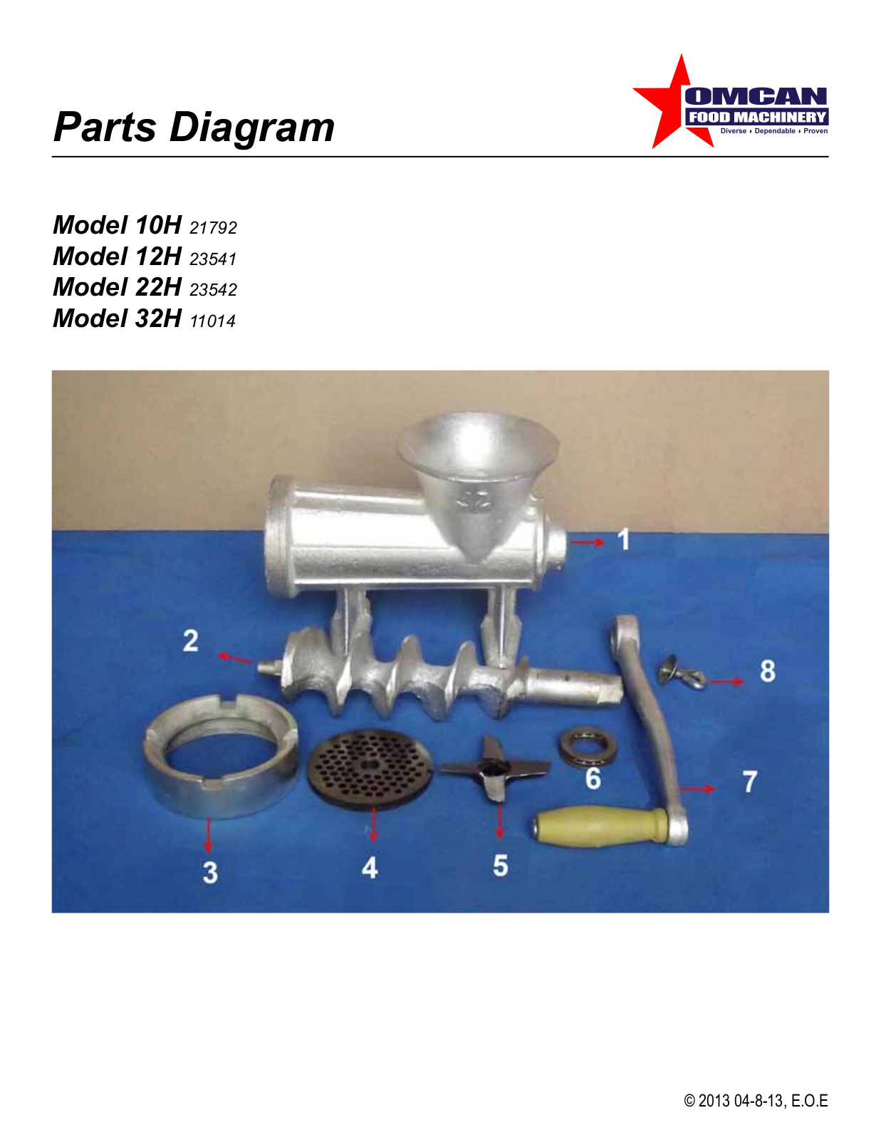 Omcan Food Machinery 12H Parts List