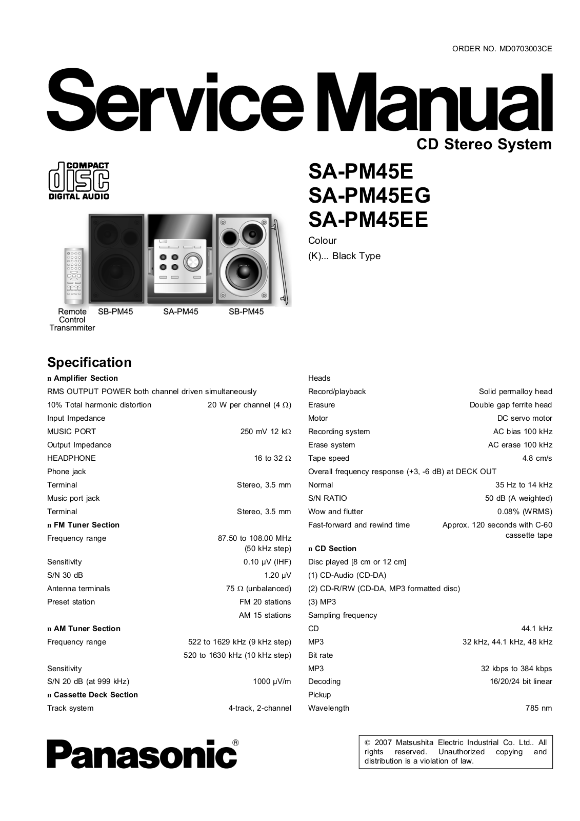 Panasonic SAPM-45-E, SAPM-45-EE, SAPM-45-EG Service manual