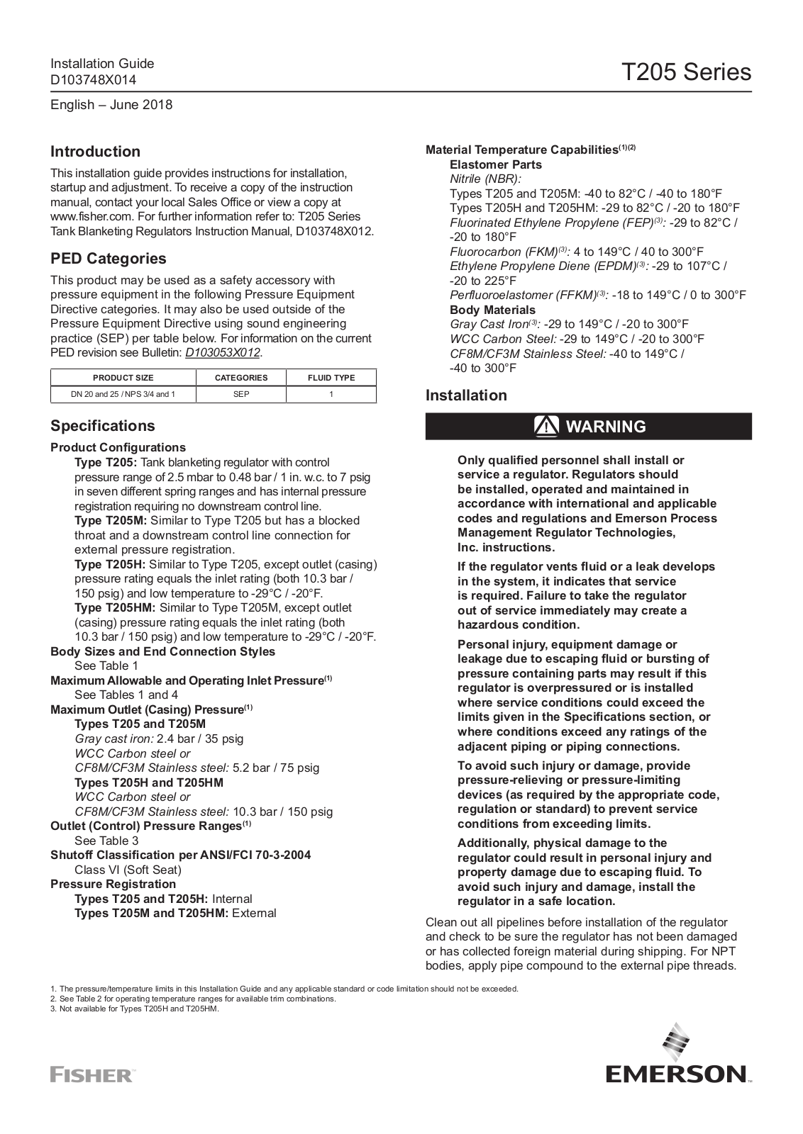 Emerson Fisher T205, Fisher T205HM, Fisher T205H, Fisher T205M, Fisher T205 Series Installation Manual