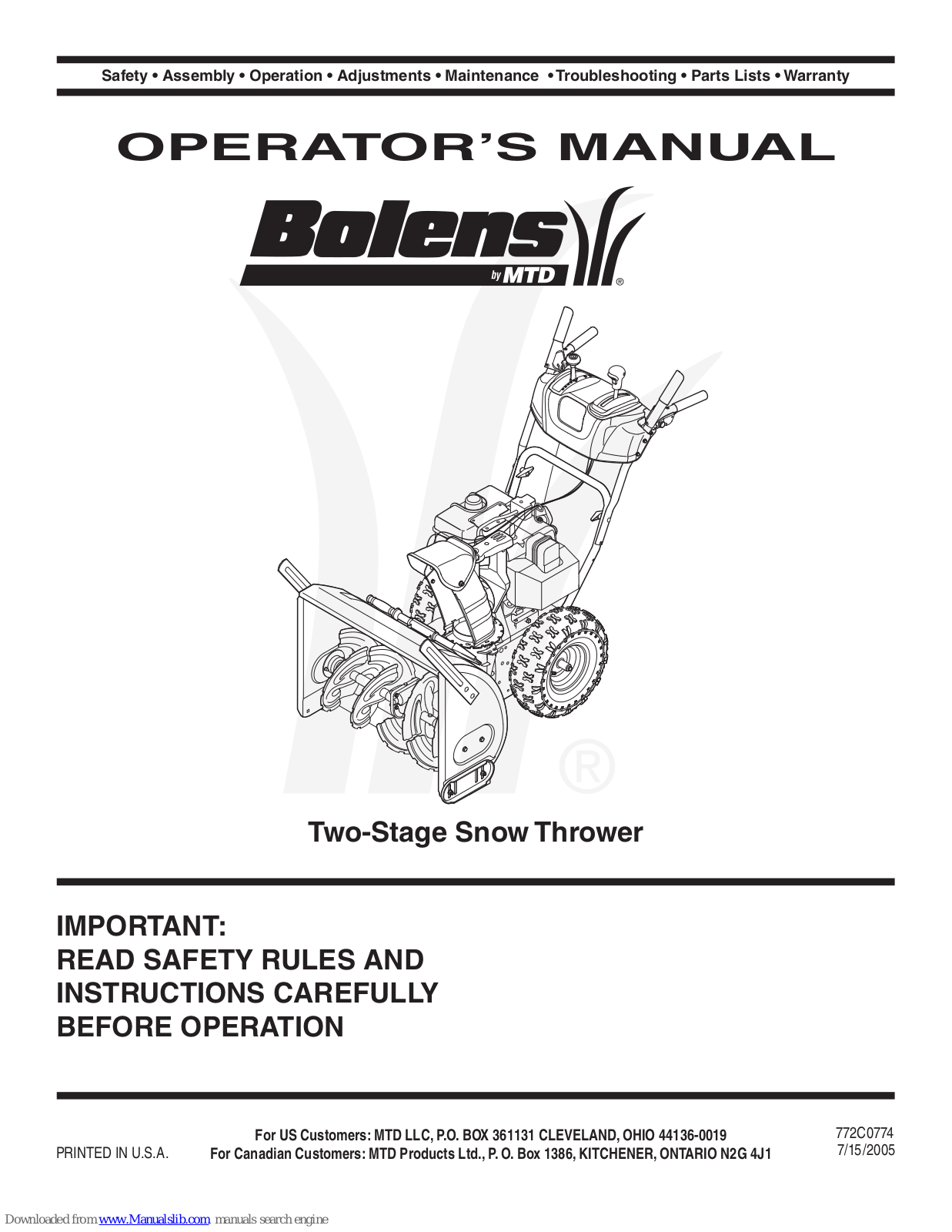 Bolens 31AH5GLG, 31AH6KLG, 31AH5KLH, 31AH6GLF, 31AH6GLN Operator's Manual