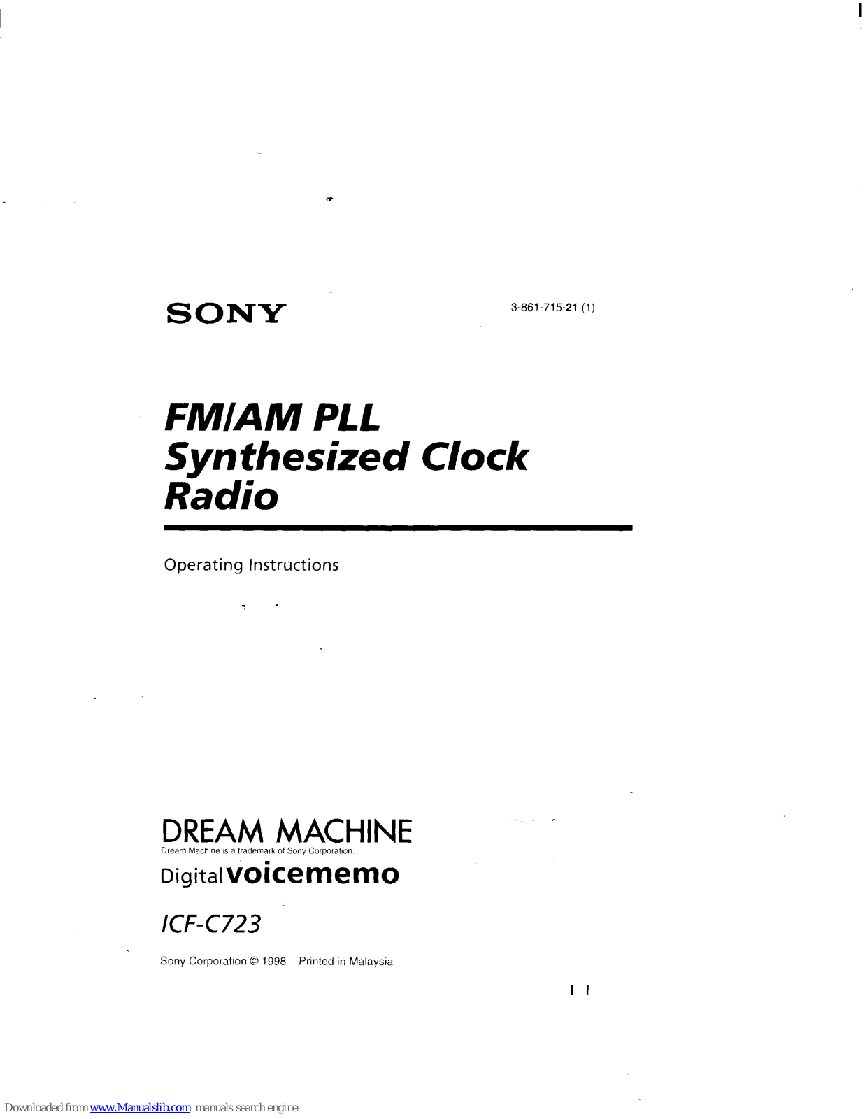 Sony ICF-C723 Operating Instructions (primary manual), Dream Machine ICF-C723 Operating Instructions Manual