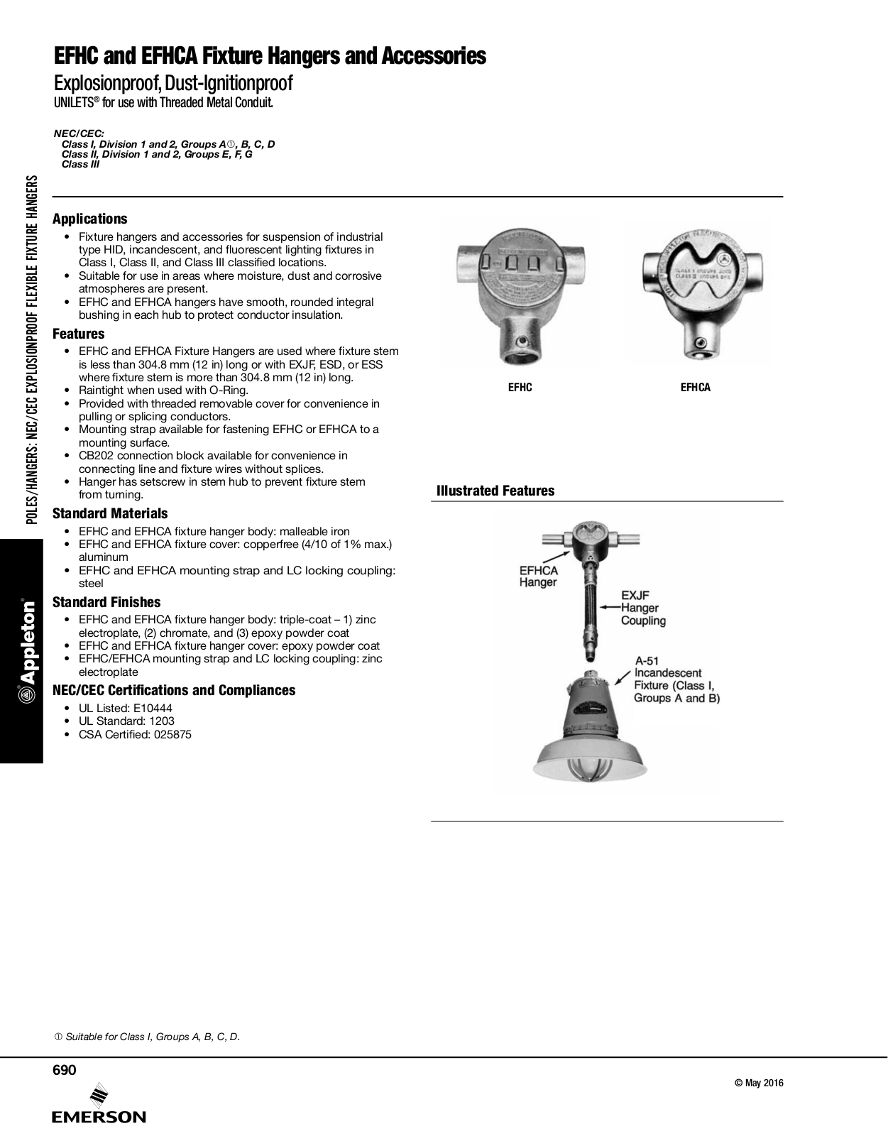 Appleton EFHC Fixture Hangers and Accessories, EFHCA Fixture Hangers and Accessories Catalog Page