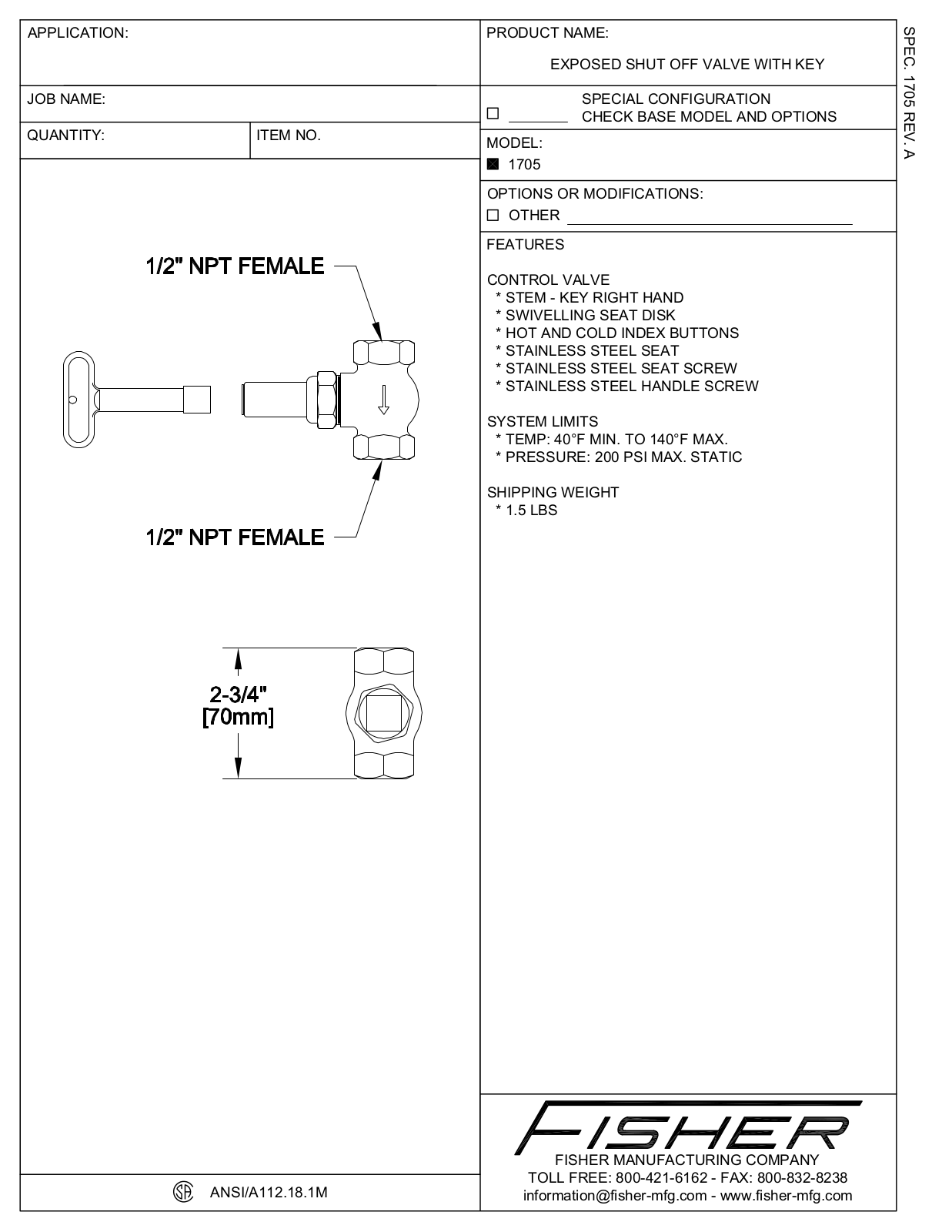 Fisher Manufacturing 1705 User Manual