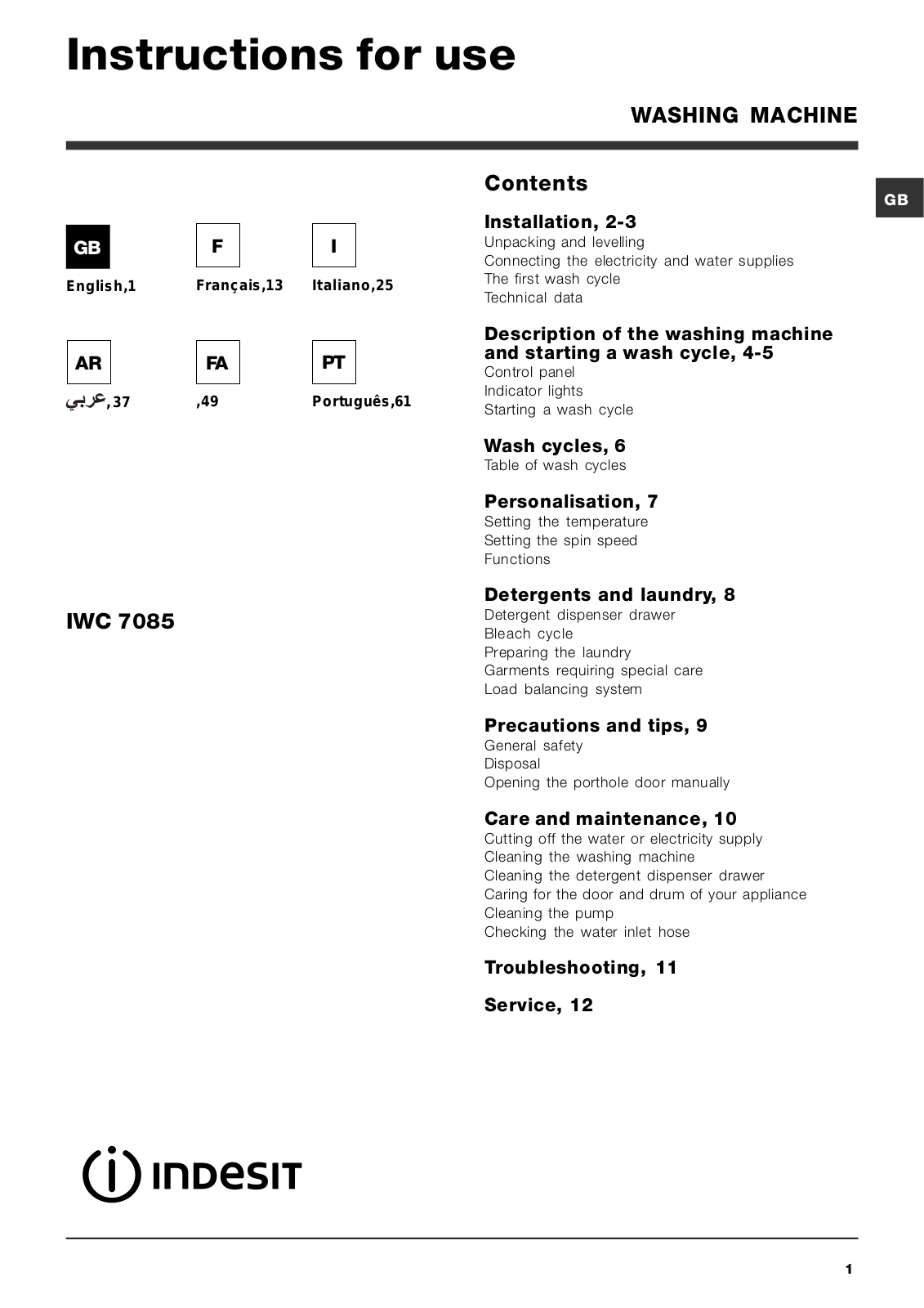 INDESIT IWC7085 User Manual