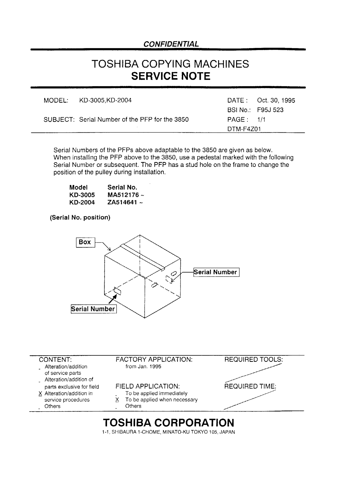 Toshiba f95j523 Service Note