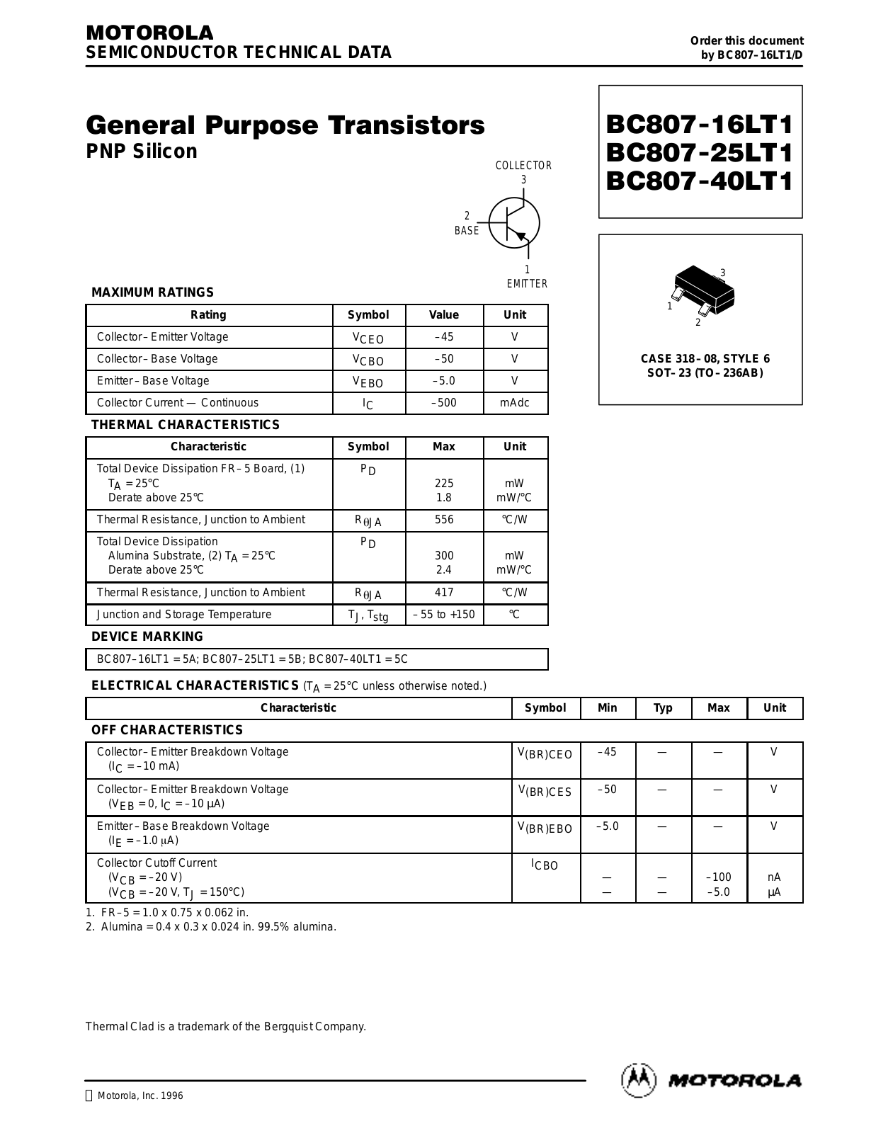 Motorola BC807-40LT1, BC807-16LT1, BC807-25LT1 Datasheet