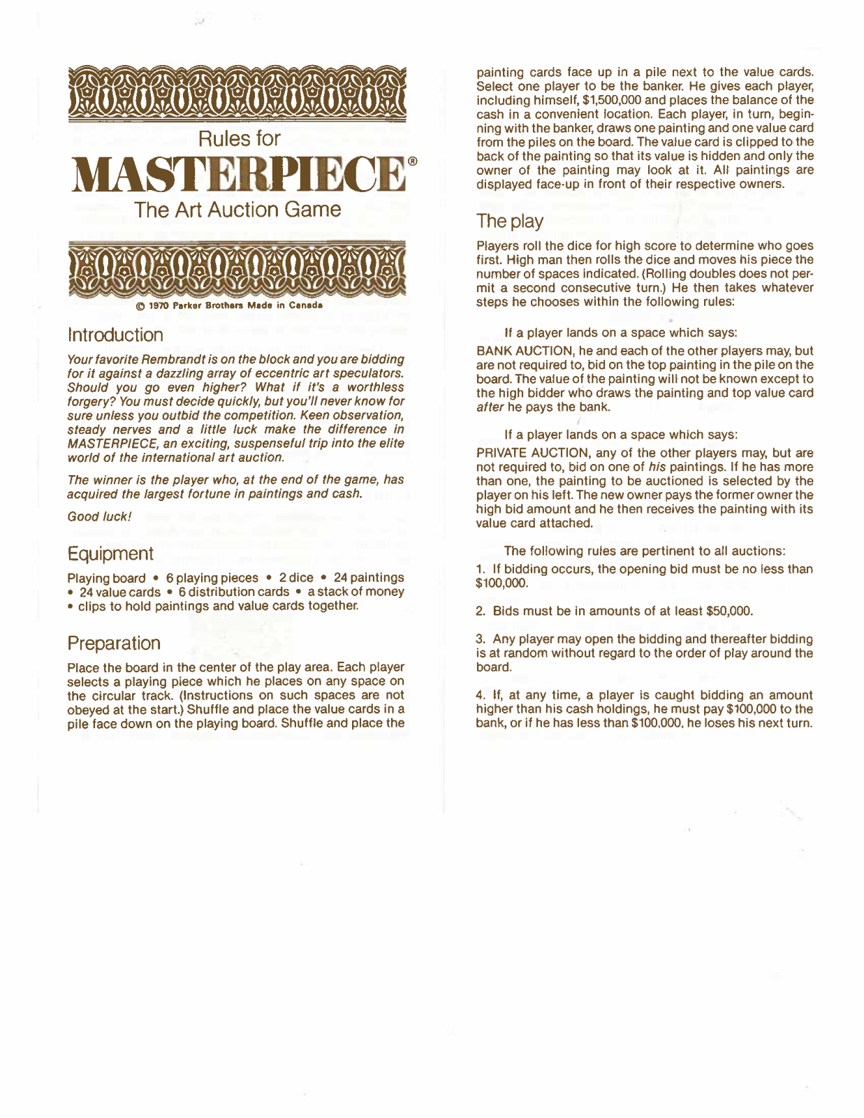 HASBRO MASTERPIECE THE ART AUCTION GAME User Manual