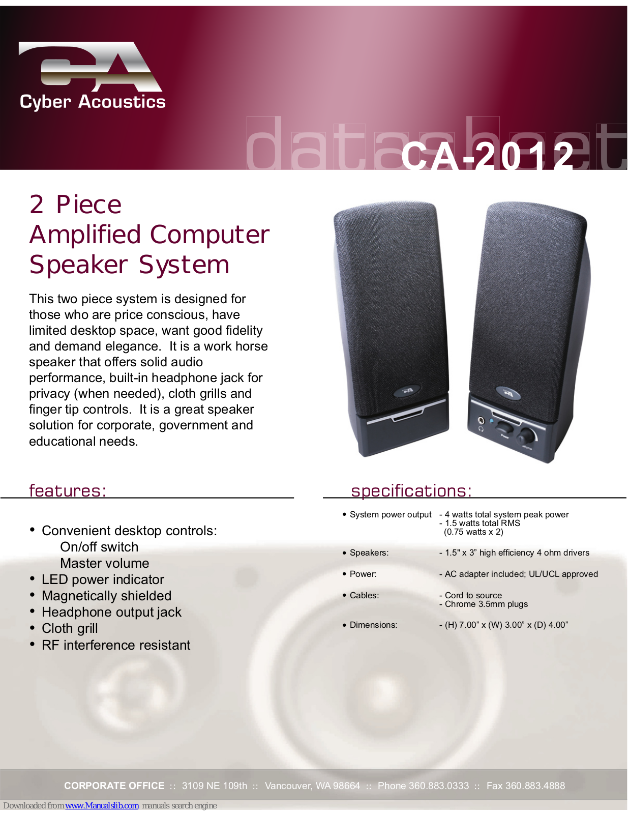 Cyber Acoustics CA-2012RB, CA-2012 Datasheet