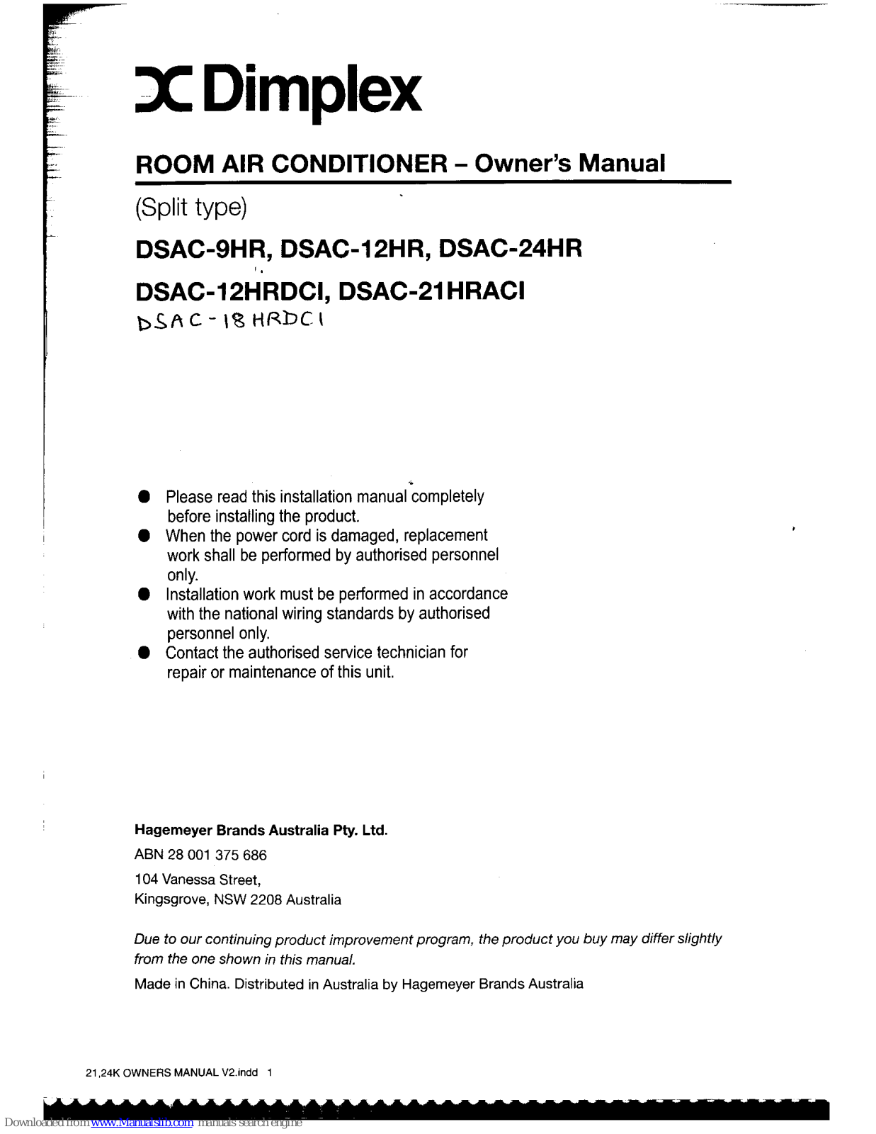 Dimplex DSAC-9HR, DSAC-12HR, DSAC-12HRDCI, DSAC-21HRACI, DSAC-24HR Owner's Manual