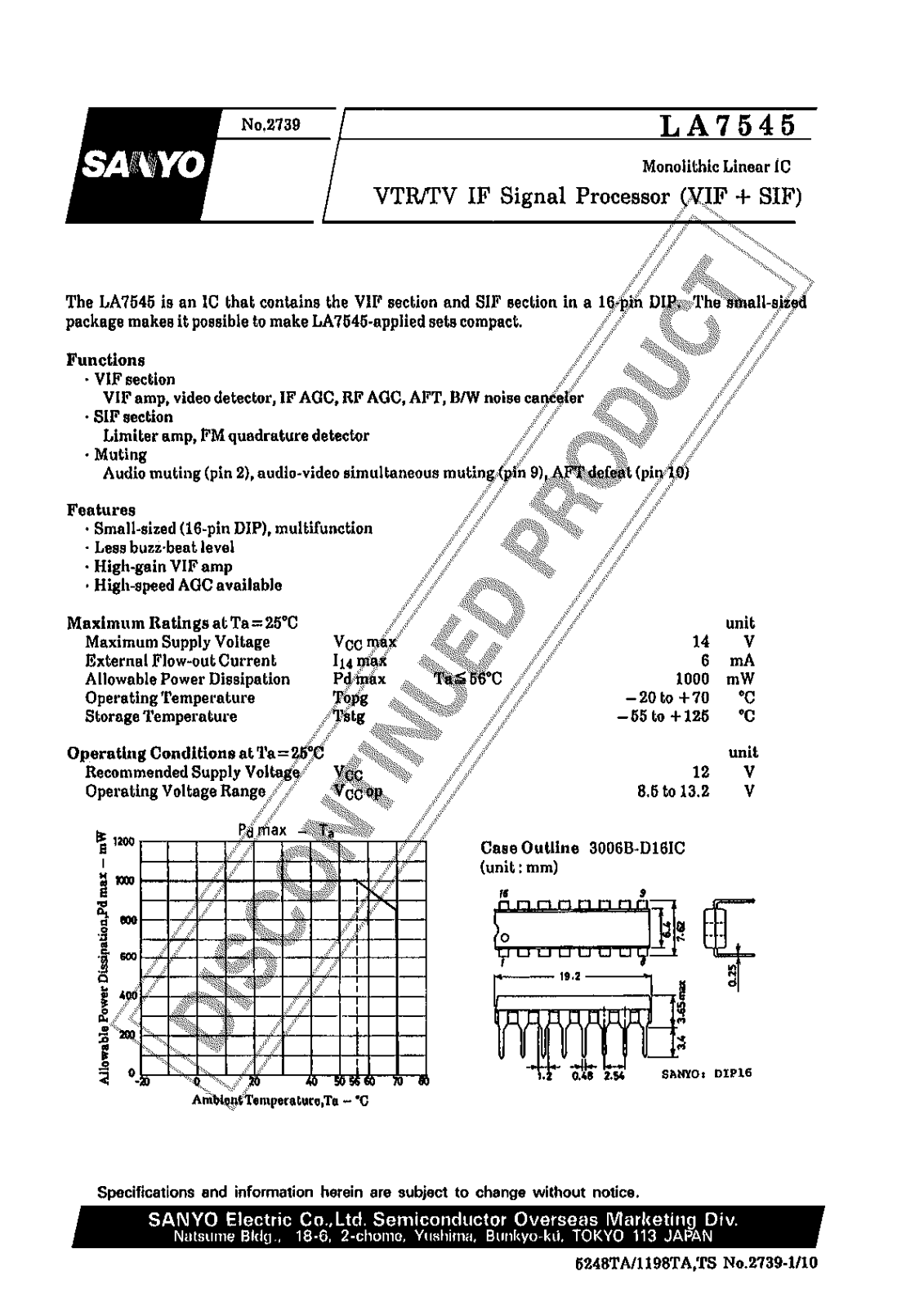 Sanyo LA7545 Specifications