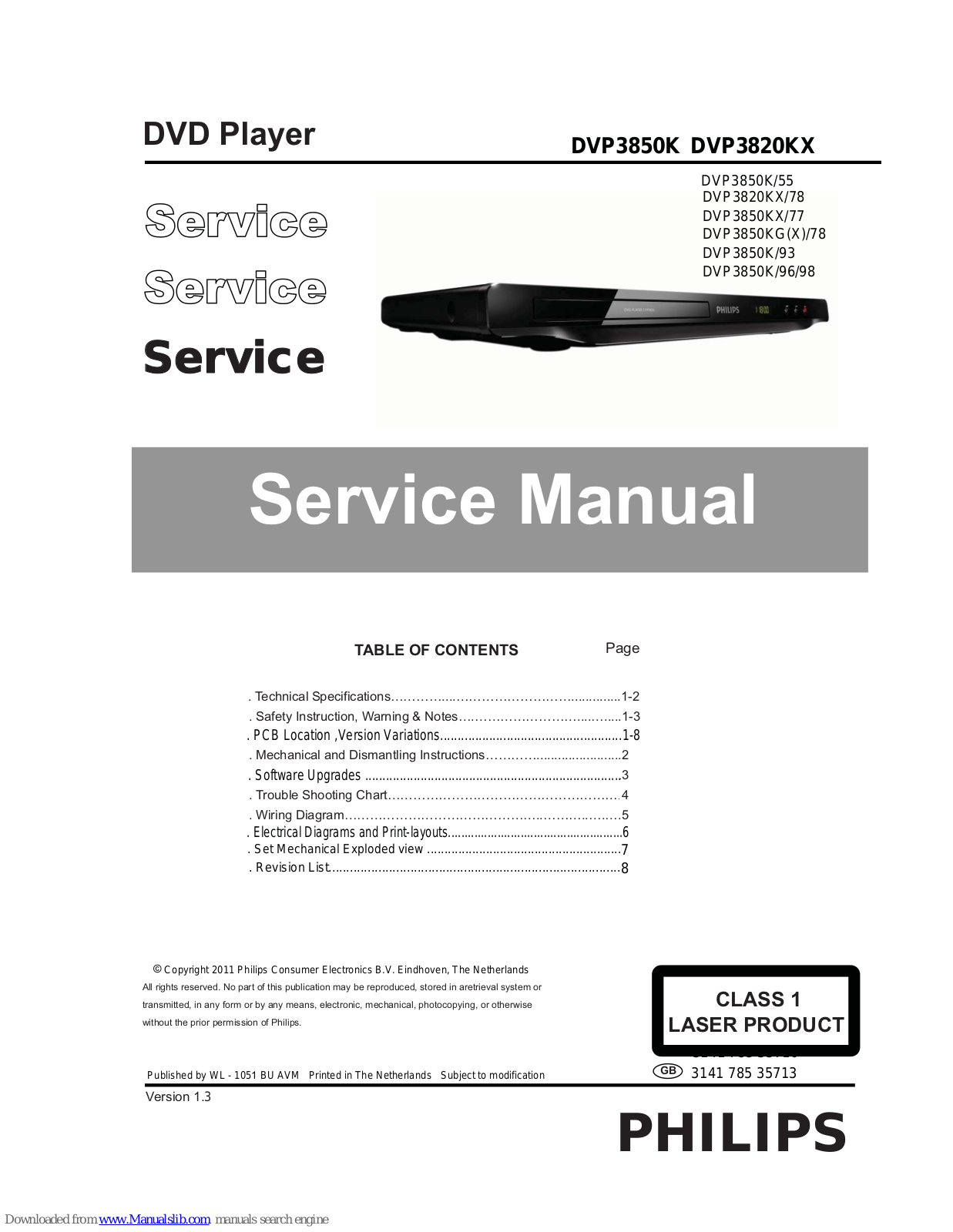 Philips DVP3850K/96/98, DVP3850K/98, DVP3850K/61, DVP3850KX/77, DVP3850K/55 Service Manual