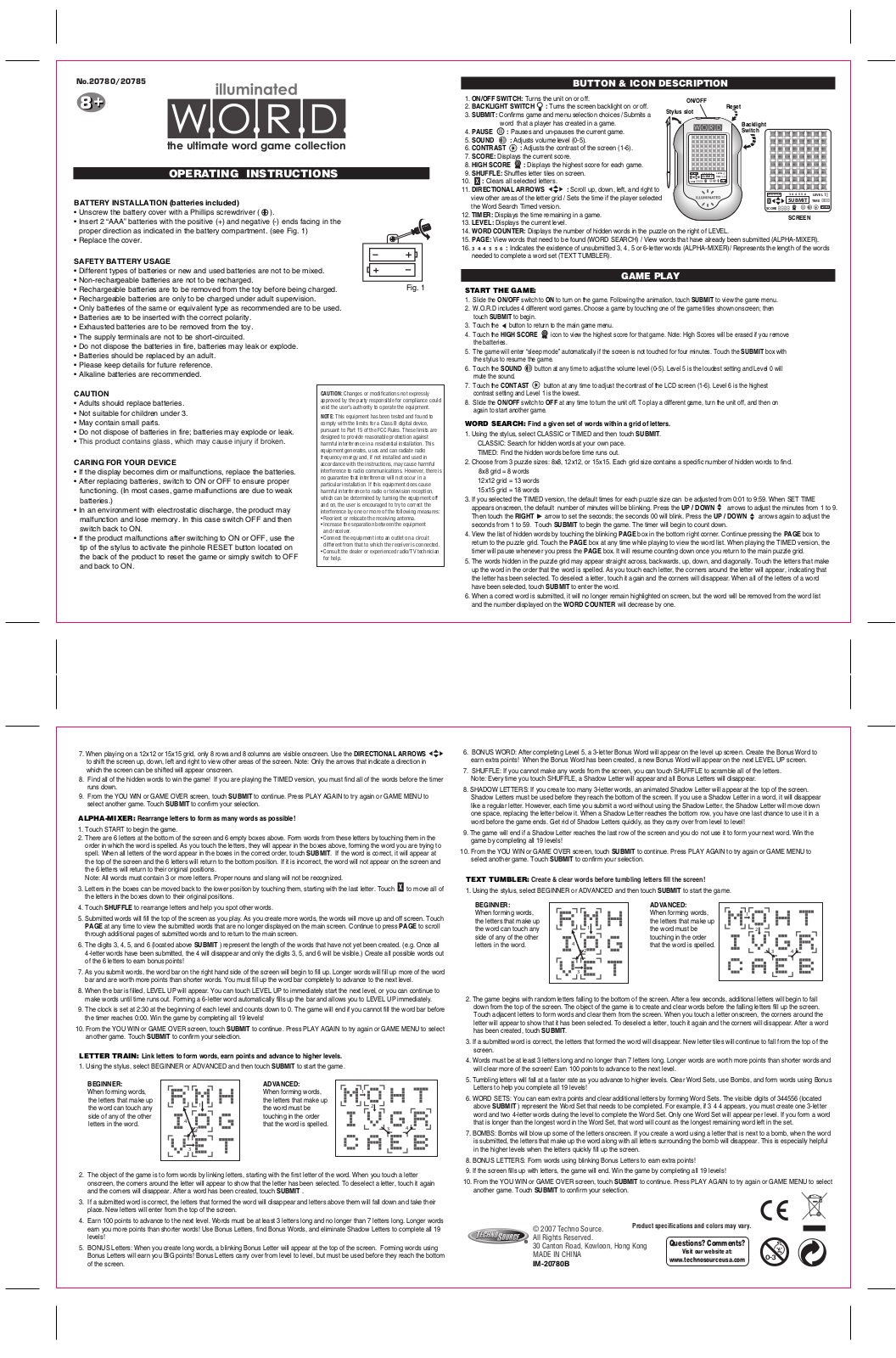 Techno Source 20785, Illuminated WORD, IM-20780B, 20780 User Manual