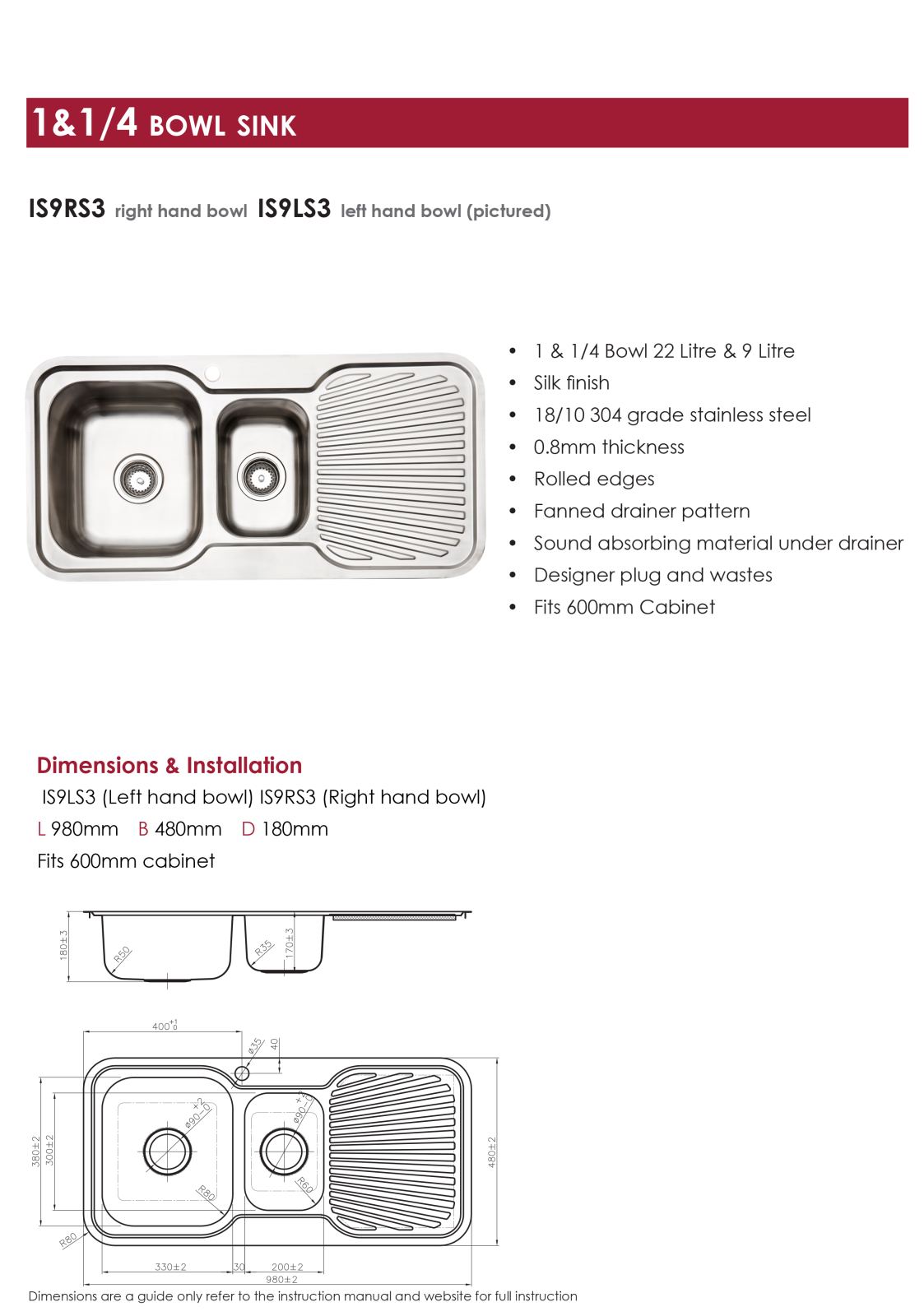 Arc IS9RS3, IS9LS3 Specifications Sheet