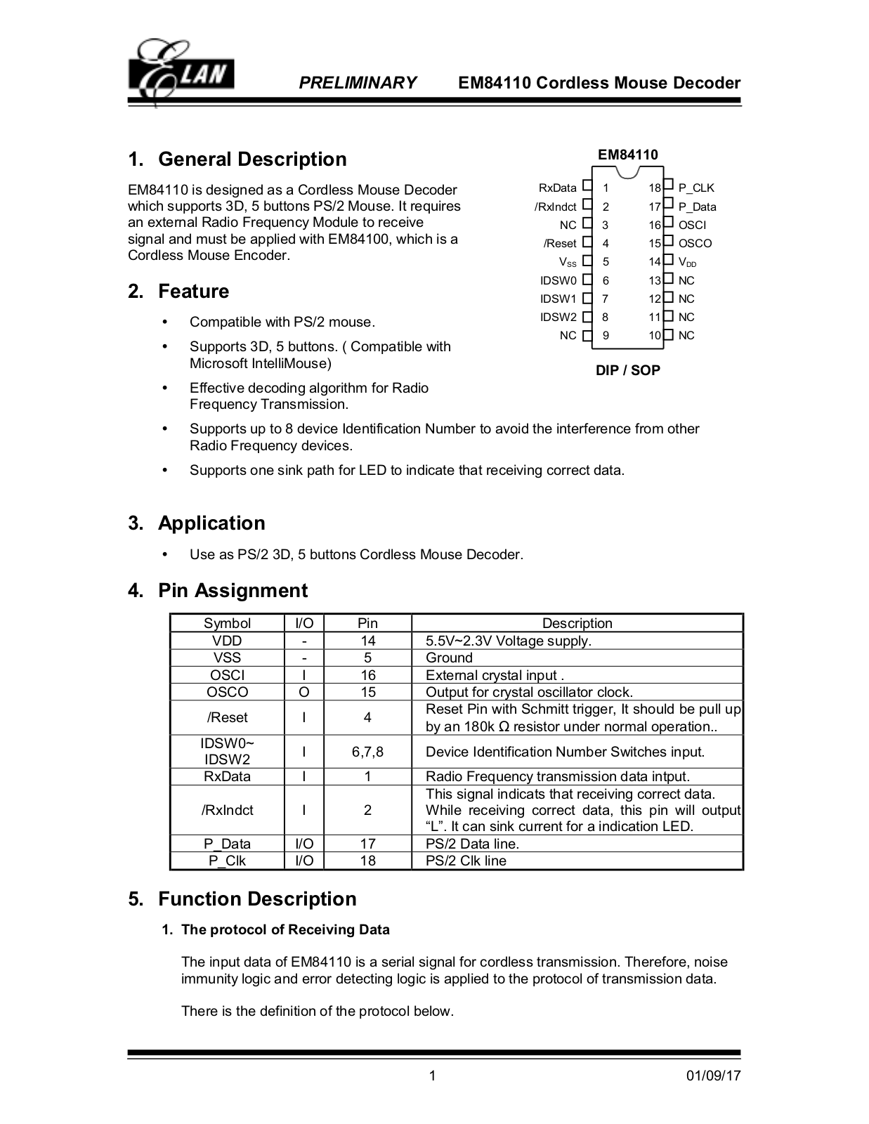 ELAN EM84110 Datasheet