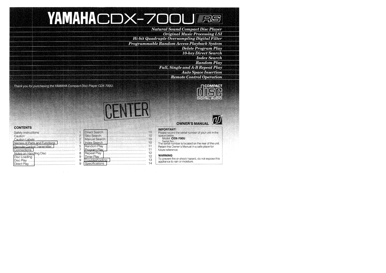 Yamaha CDX-700U, CDX-700URS Owner Manual