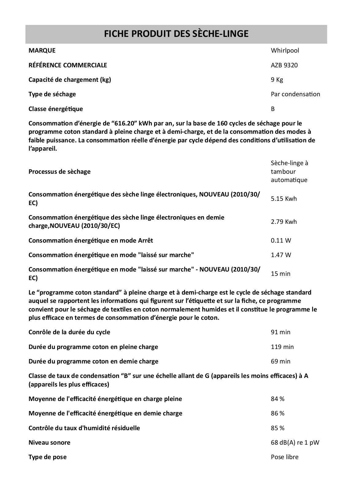 Whirlpool AZB 9320 Product Information