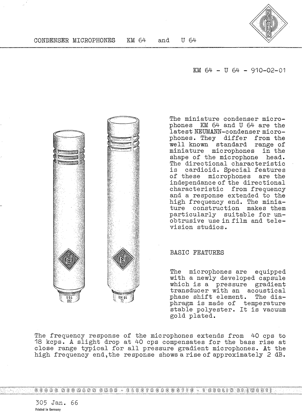 Neumann KM 64, U 64 User Manual