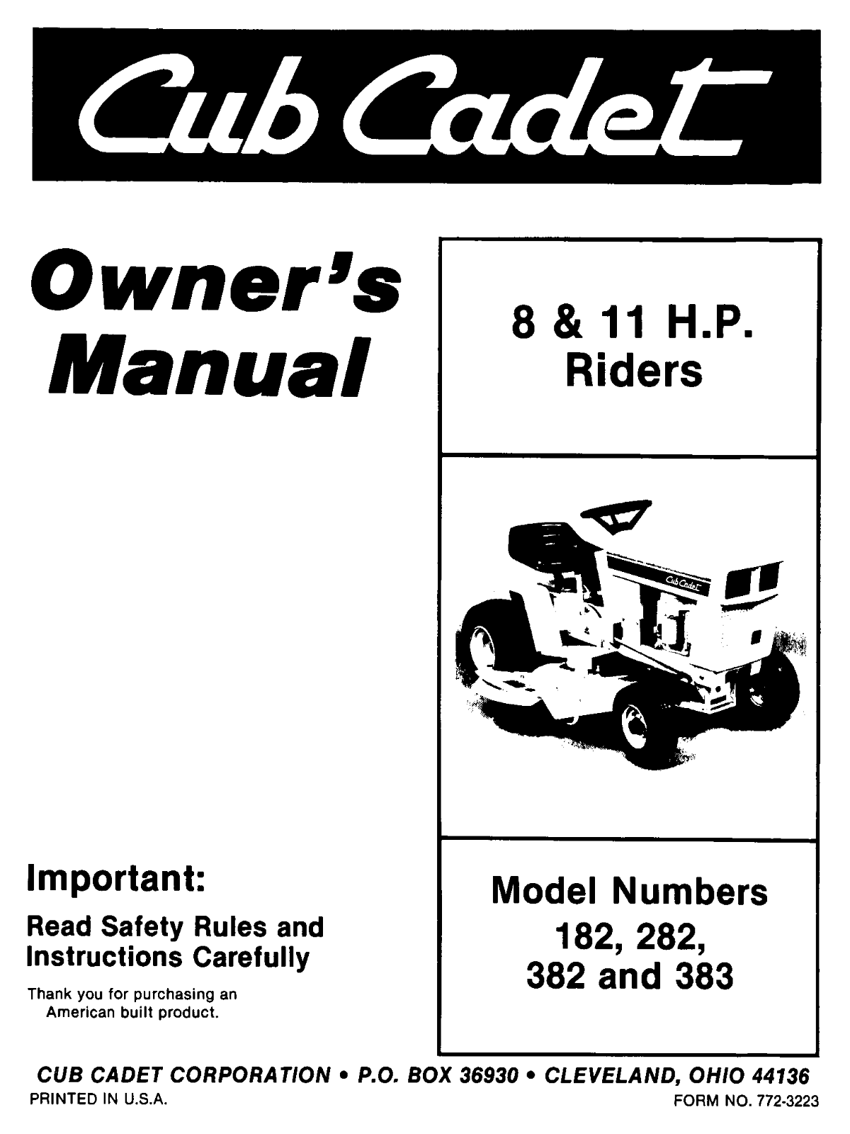 Cub Cadet 282H, 383, 282, 382 User Manual