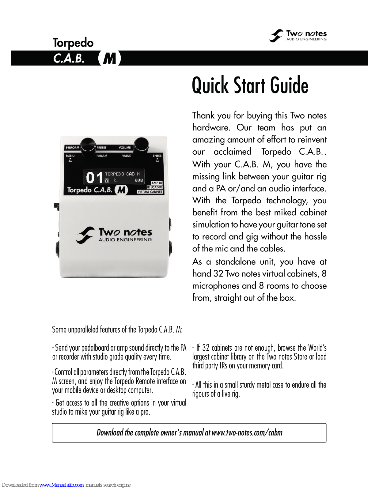 Two notes Audio Engineering Torpedo C.A.B. M Quick Start Manual