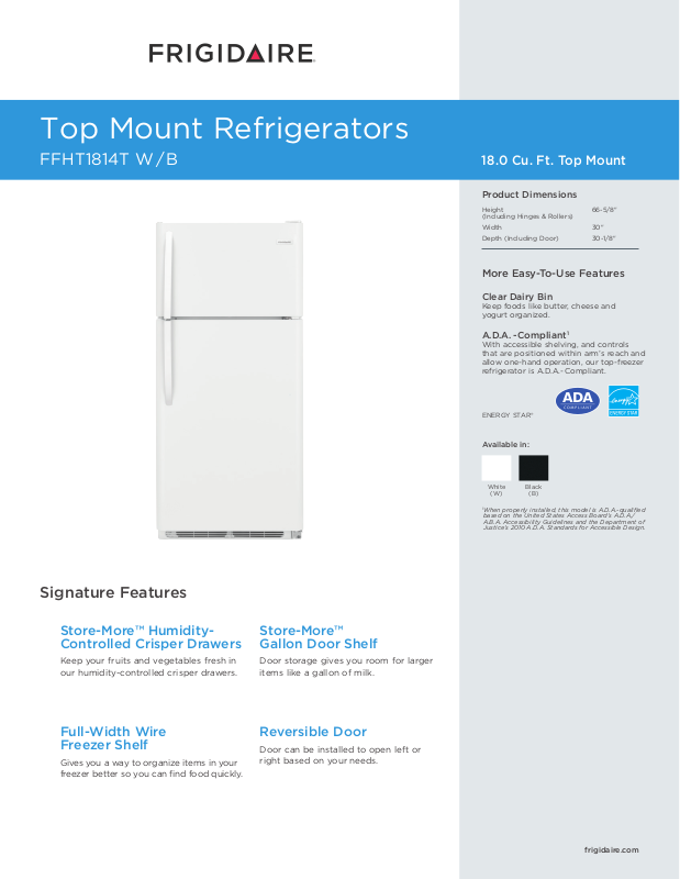 Frigidaire FFHT1814TW Specification Sheet