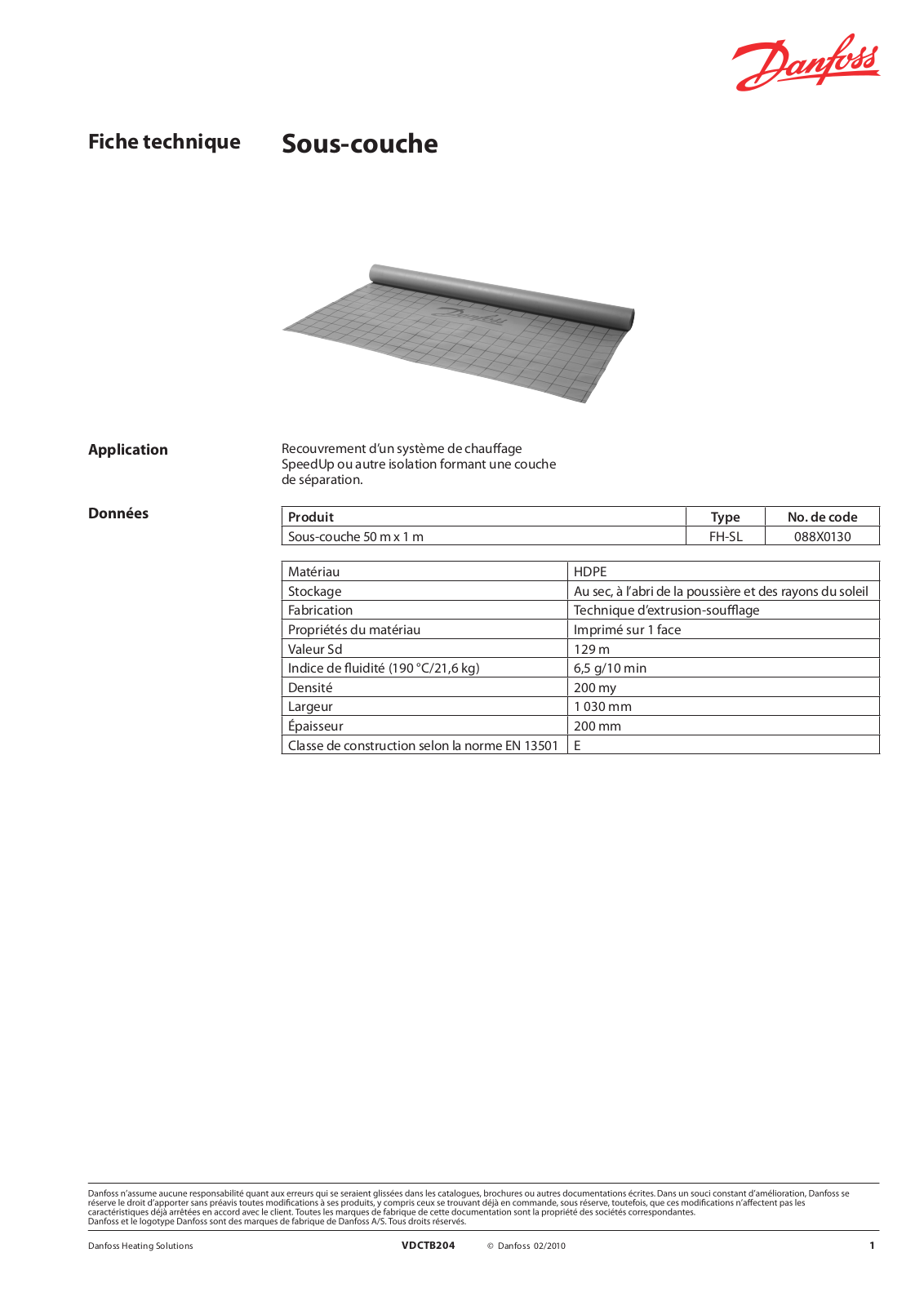 Danfoss Sous-couche Data sheet