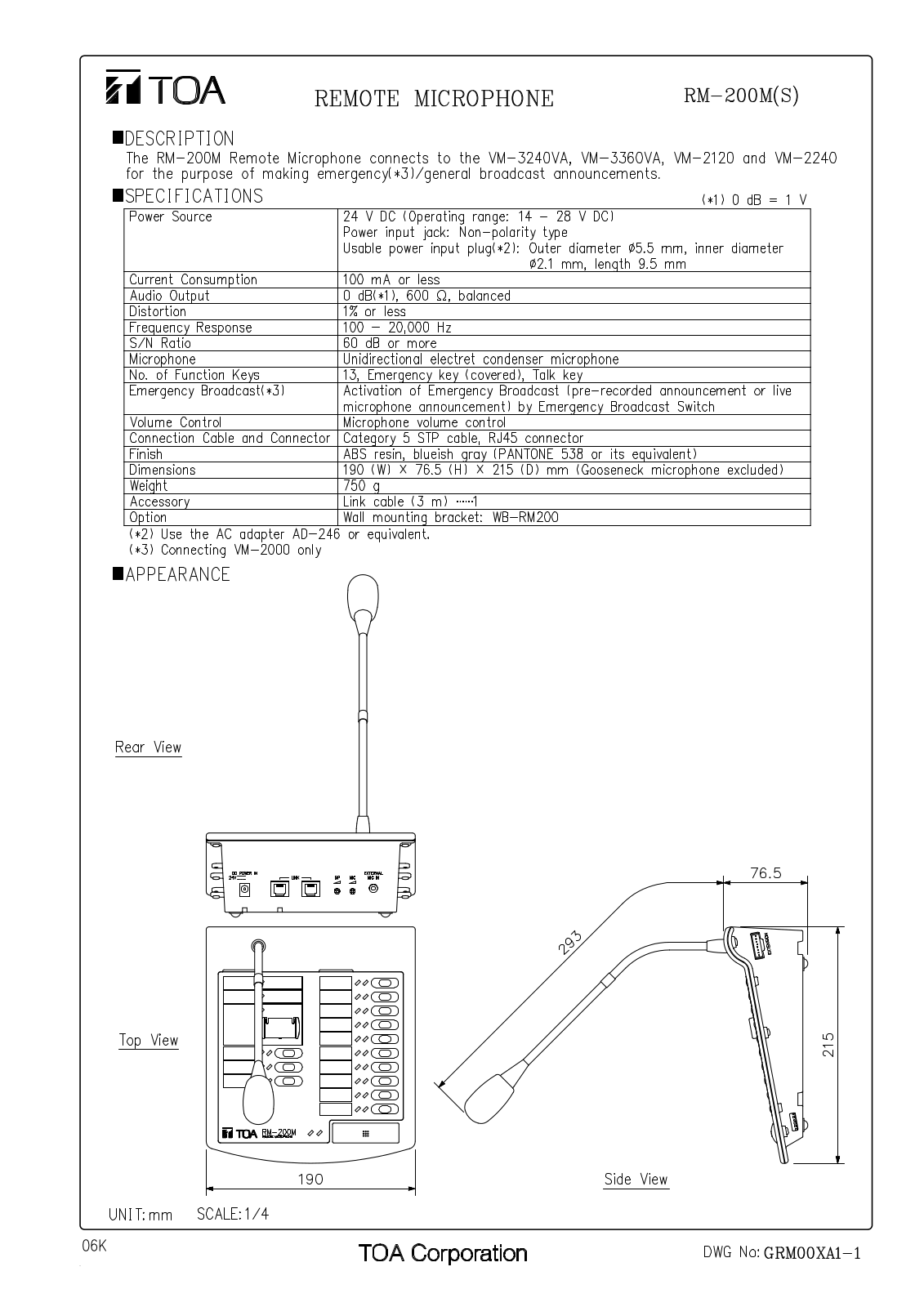 TOA RM-200MPS, RM-200M-SQ User Manual