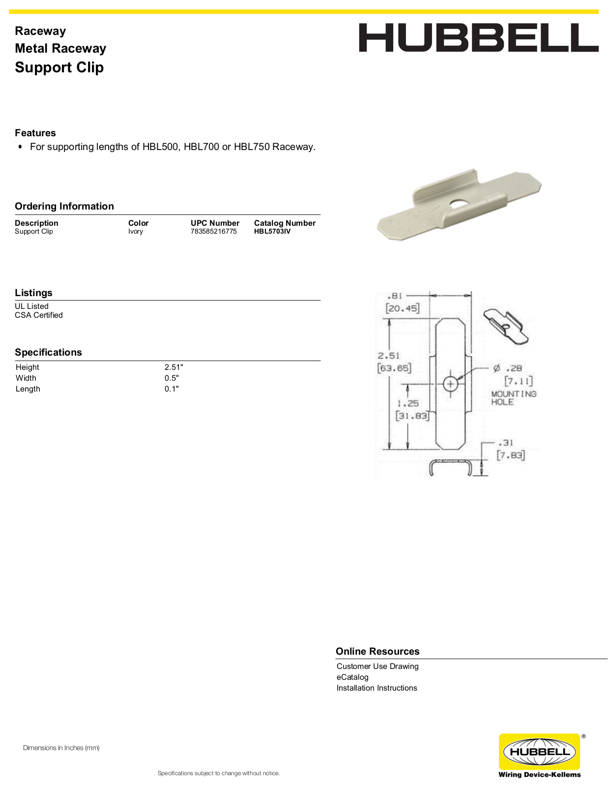 Hubbell HBL5703IV Specifications