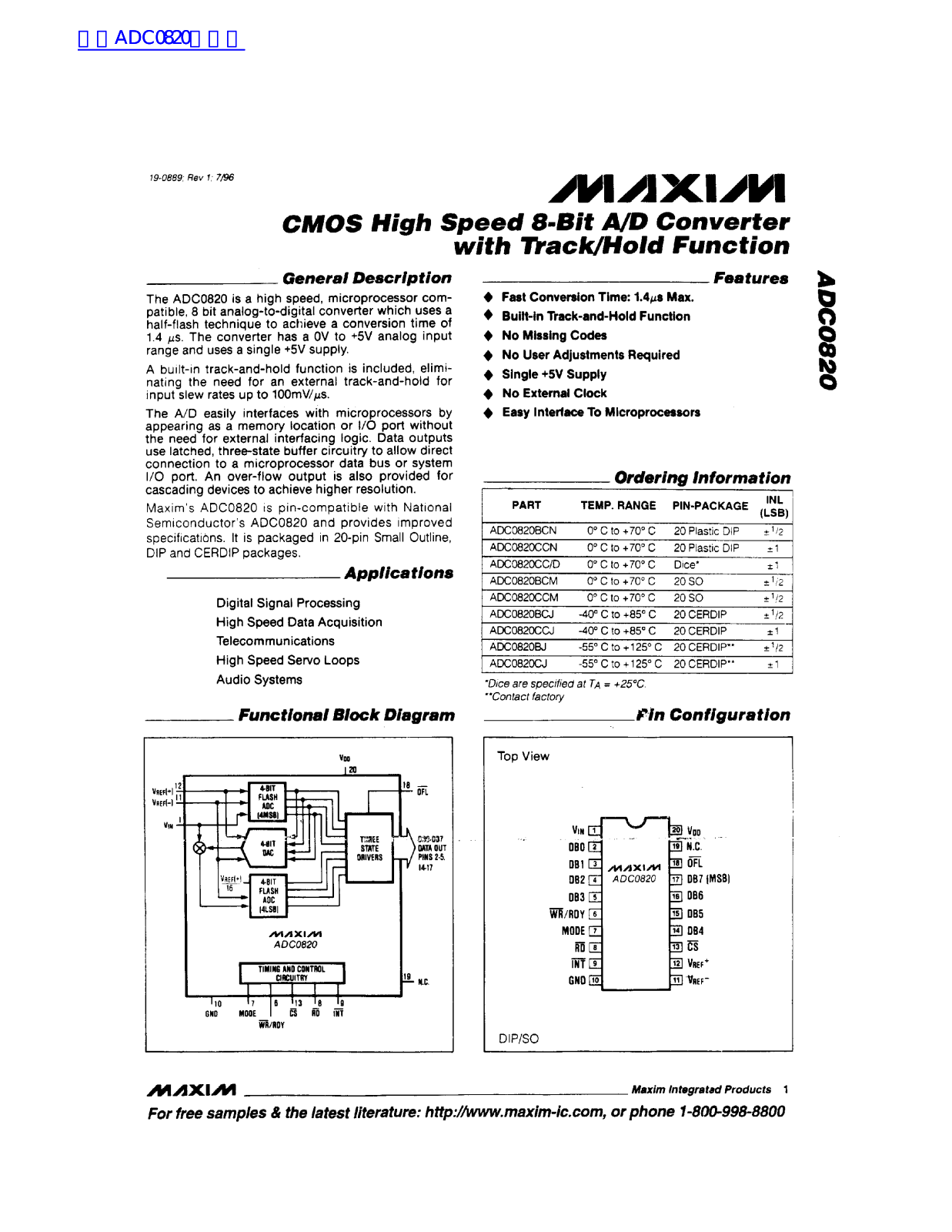 MAXIM ADC0820 User Manual