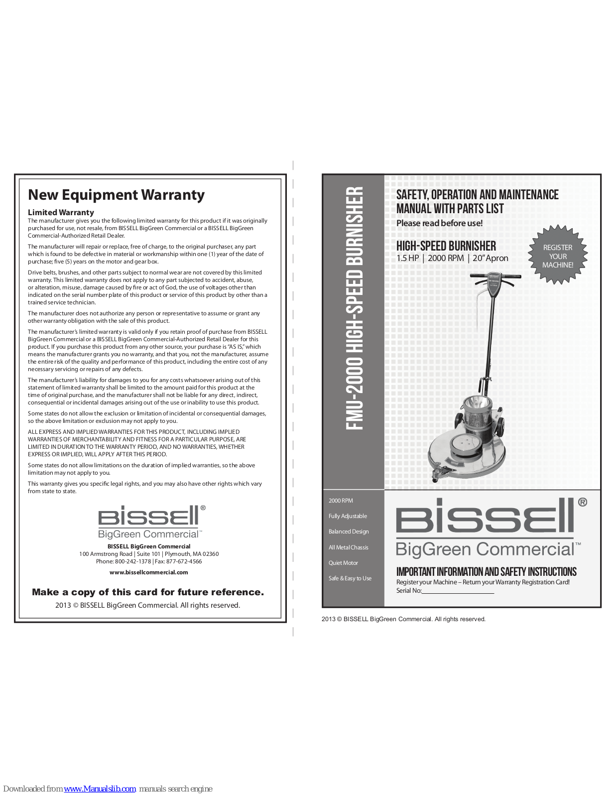 Bissell FMU-2000 Safety, Operation And Maintenance Manual With Parts List