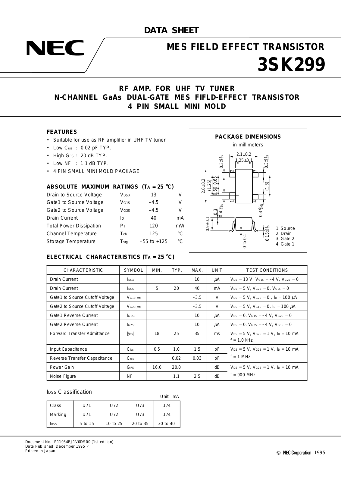 NEC 3SK299-T2, 3SK299-T1, 3SK299 Datasheet