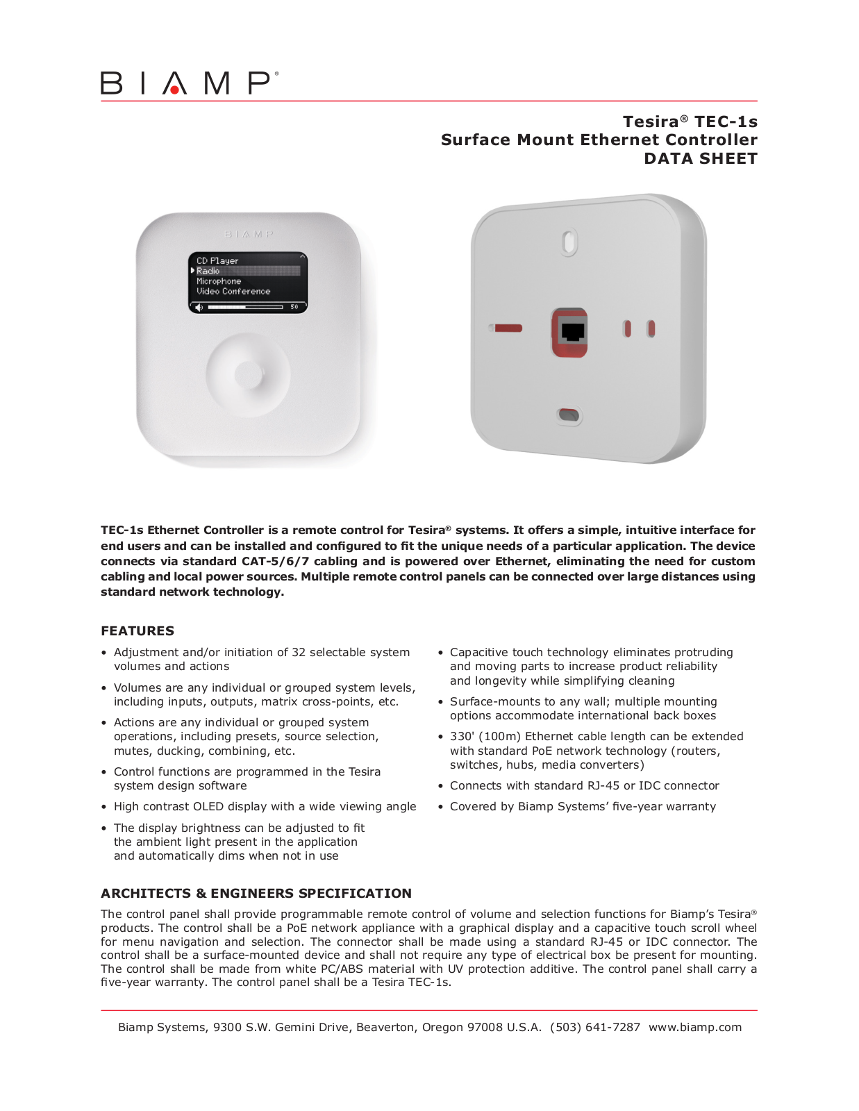 Biamp TESIRA TEC-1S DATASHEET