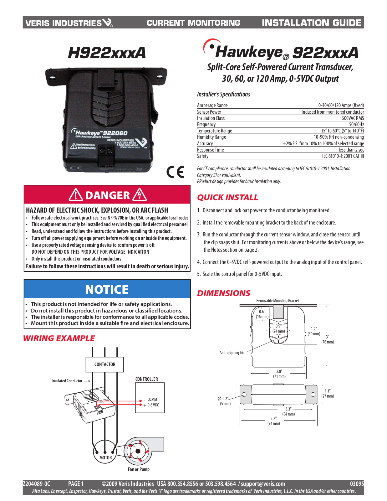 Veris H922030A Installation Instructions