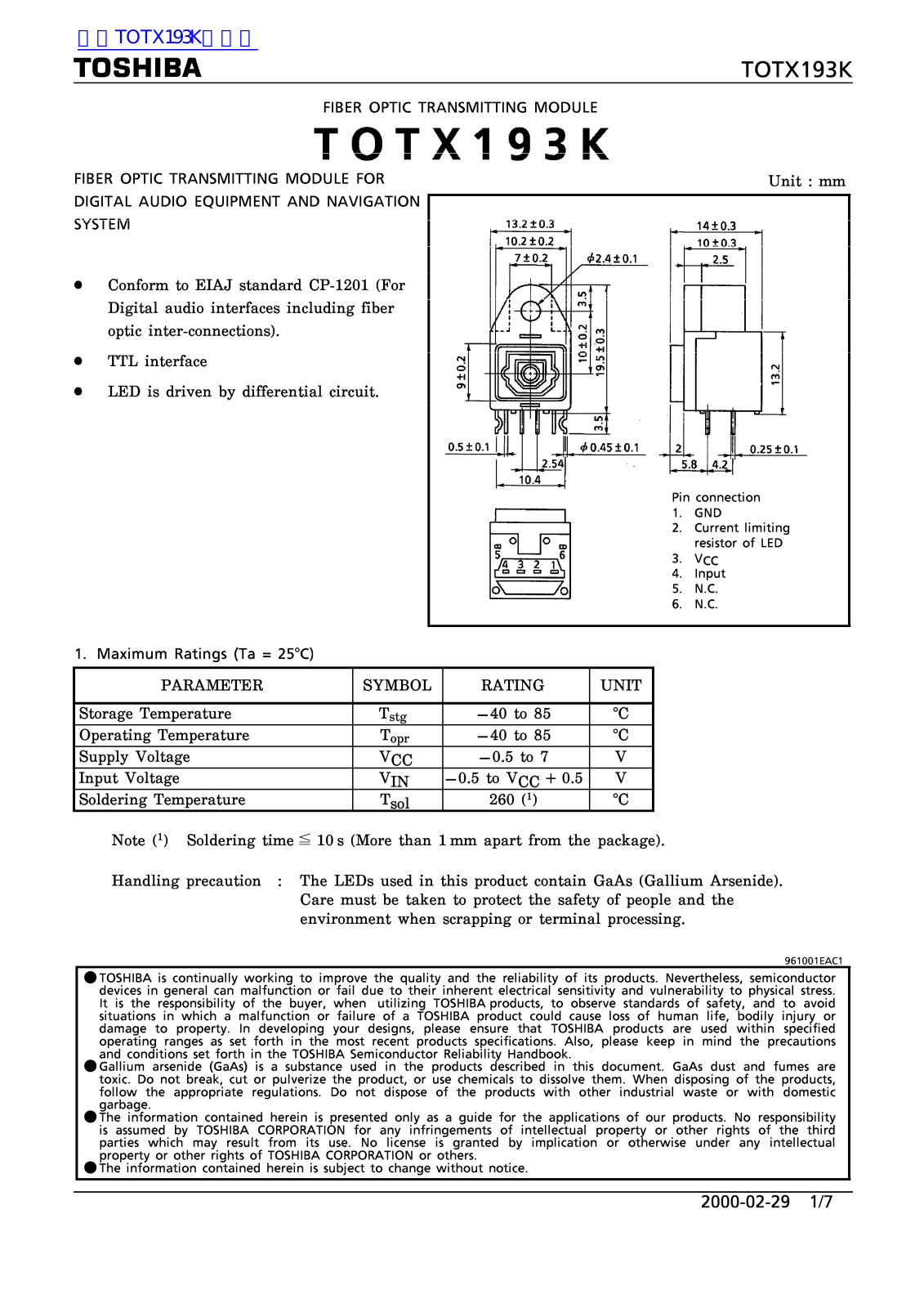 TOSHIBA TOTX193K Technical data