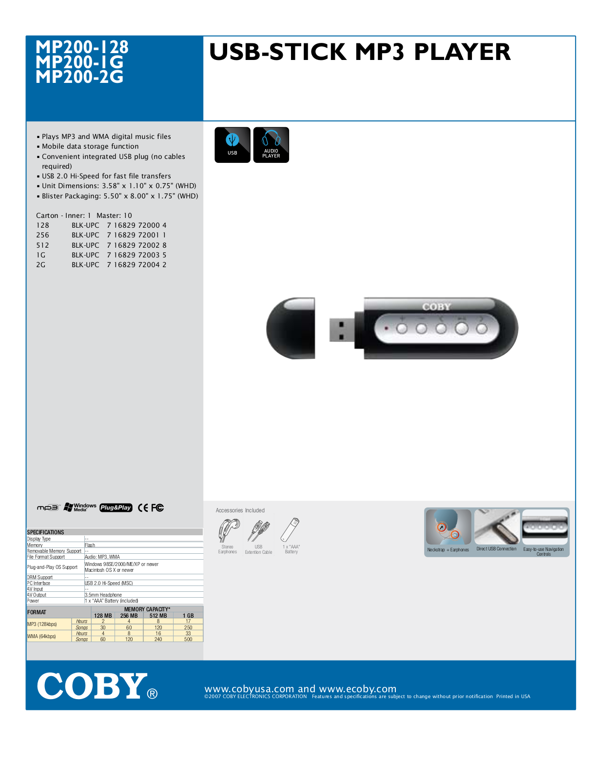 COBY electronic MP200-128, MP200-2G, MP200-1G User Manual