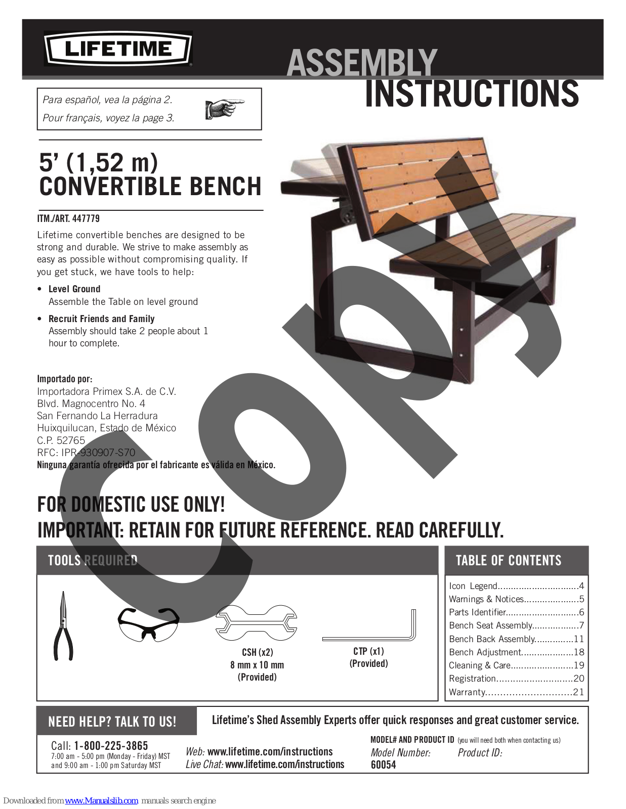 Lifetime 5’ CONVERTIBLE BENCH Assembly Instructions Manual