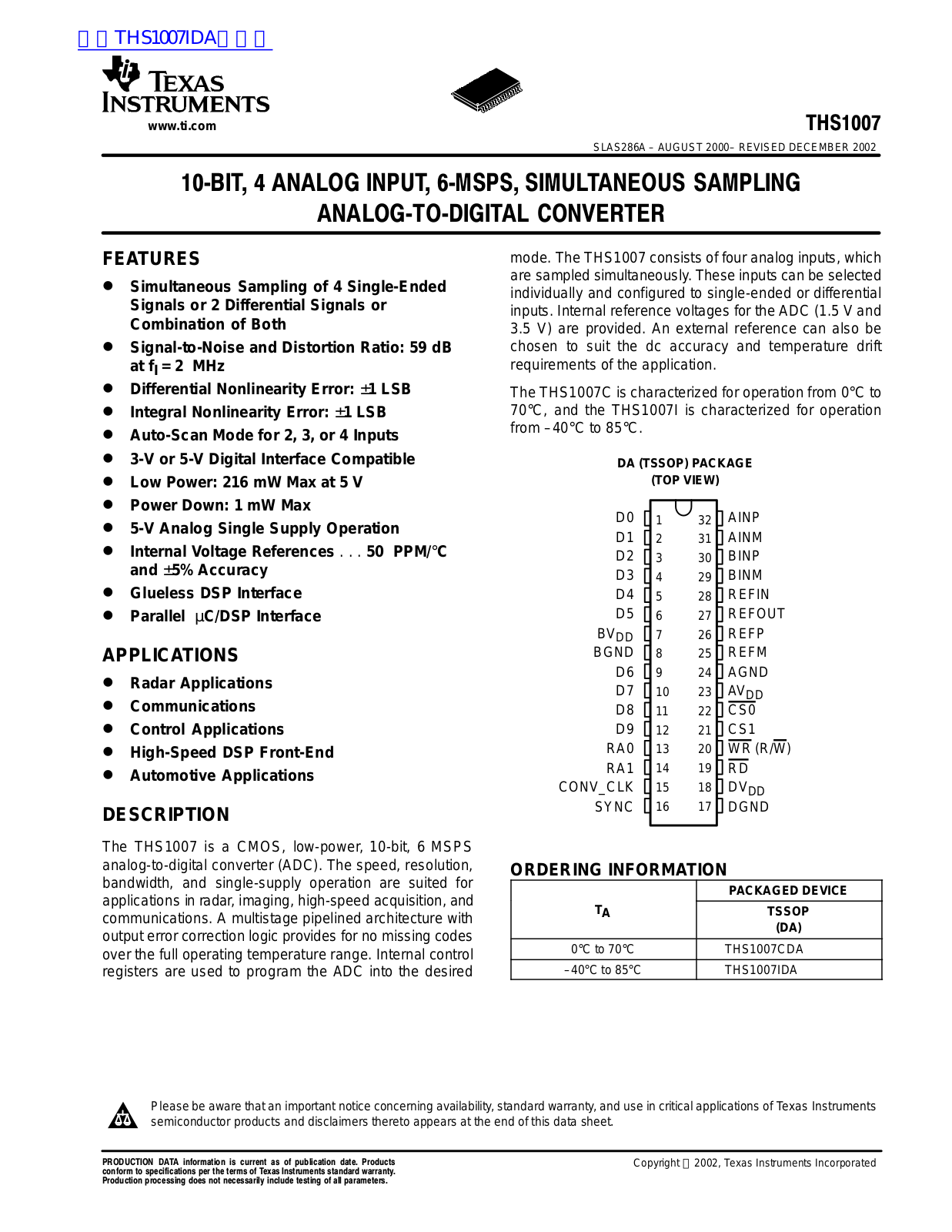 TEXAS INSTRUMENTS THS1007 Technical data