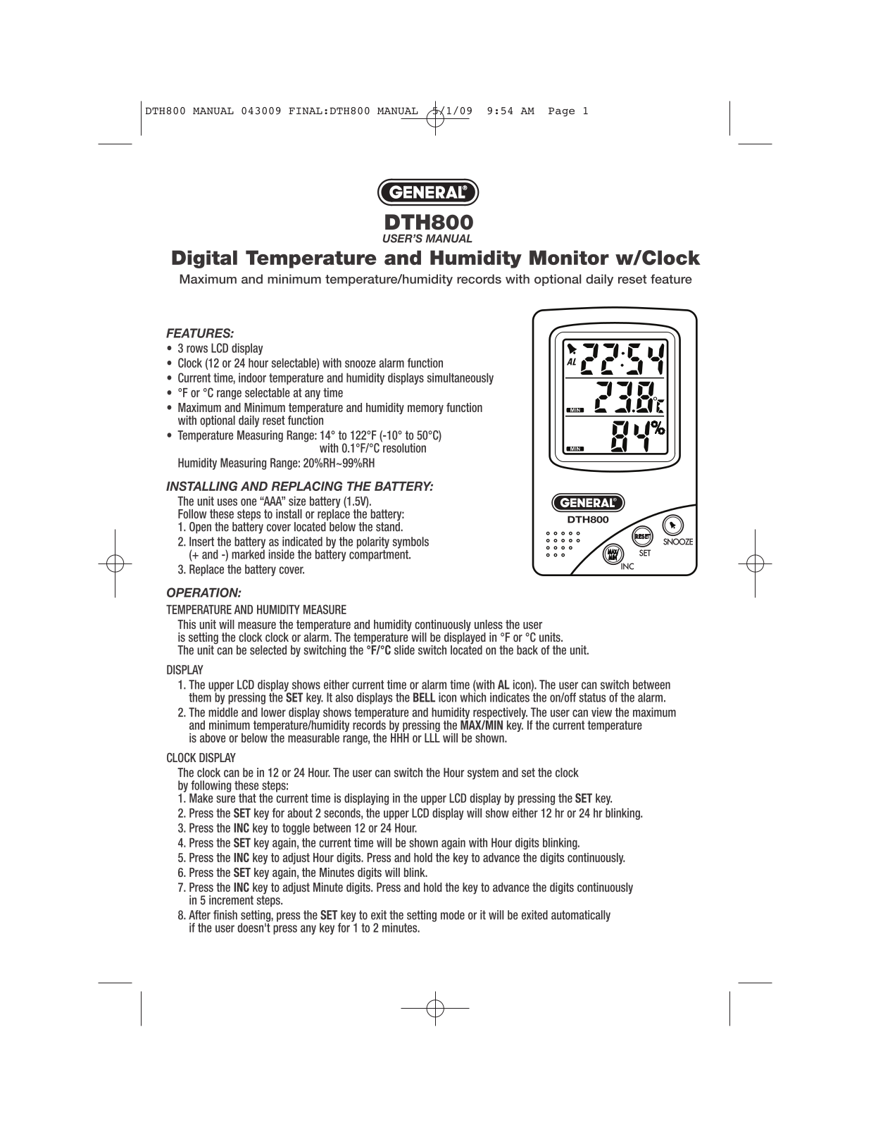 General Tools & Instruments DTH800 Instruction Manual