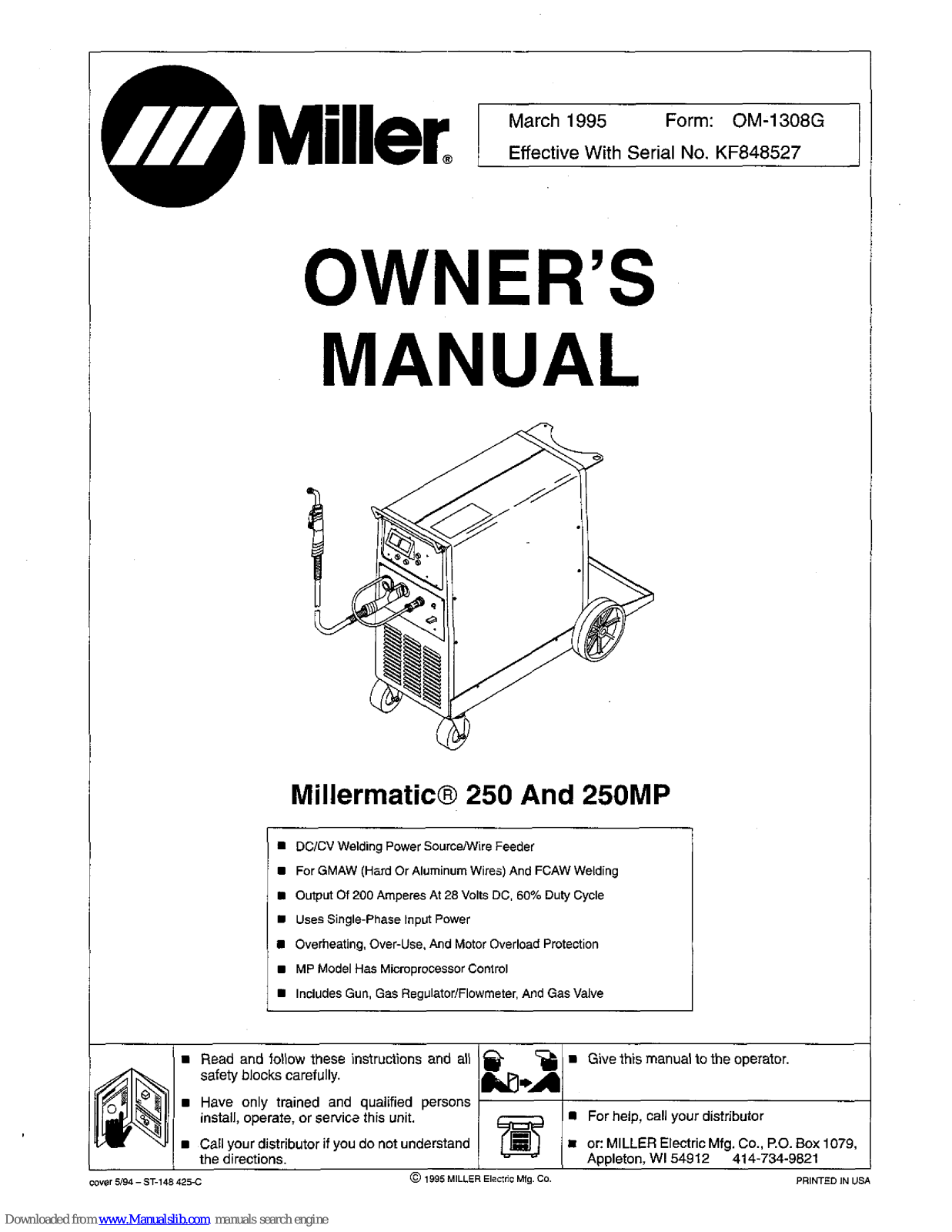 Miller matic 250mp, matic 250 Owner's Manual