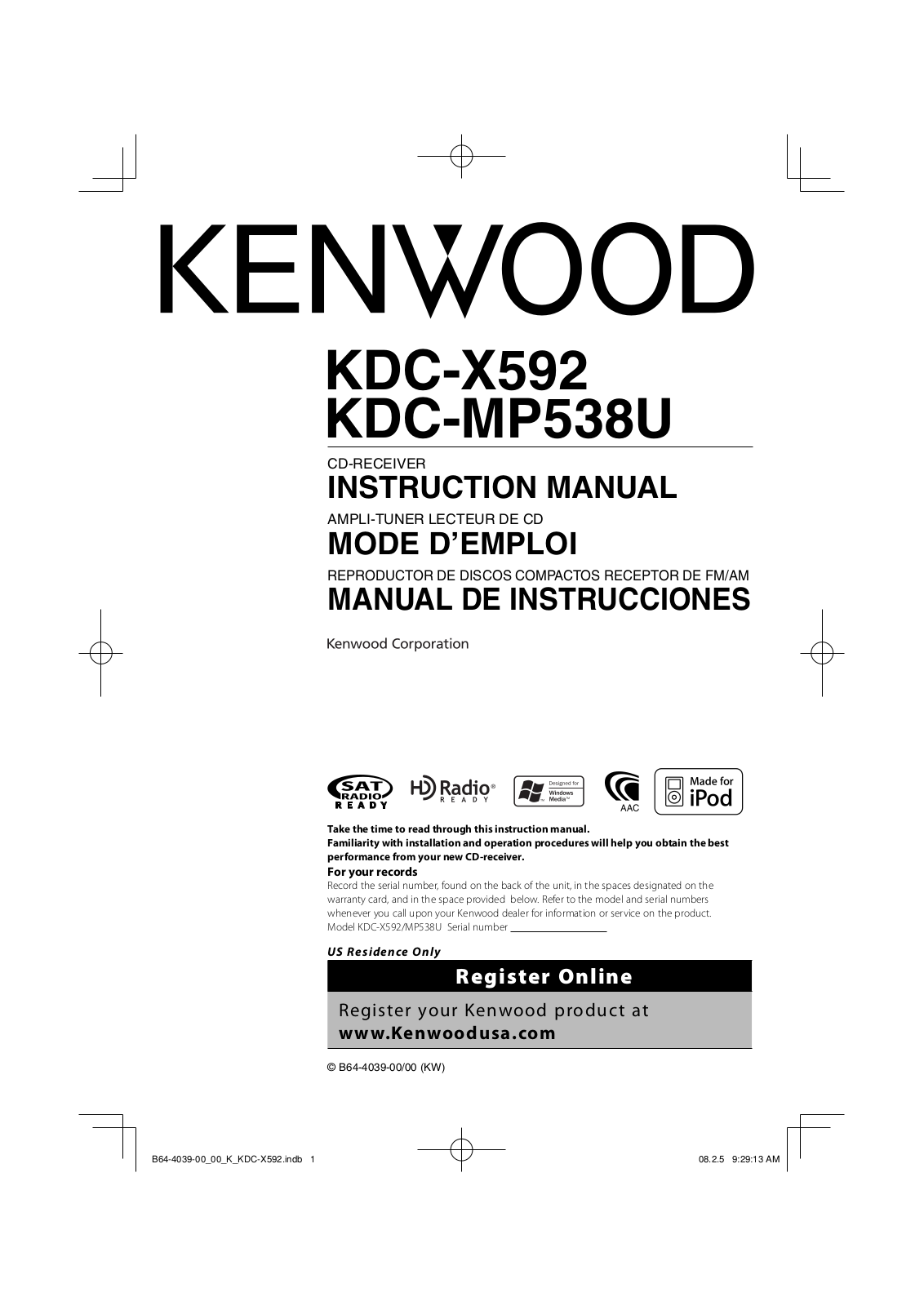 Kenwood KDC-X592, KDC-MP538U User Manual