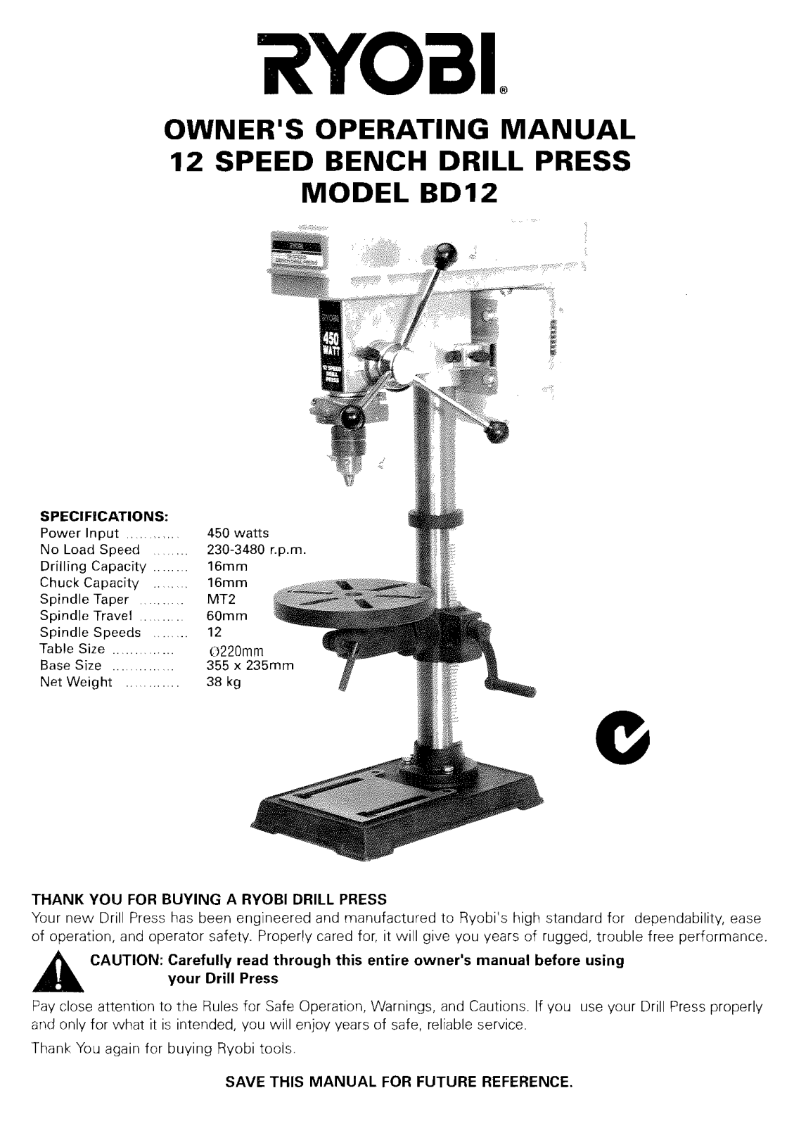 Ryobi 450W BENCH DRILL PRESS 12 SPEED BD12 User Manual