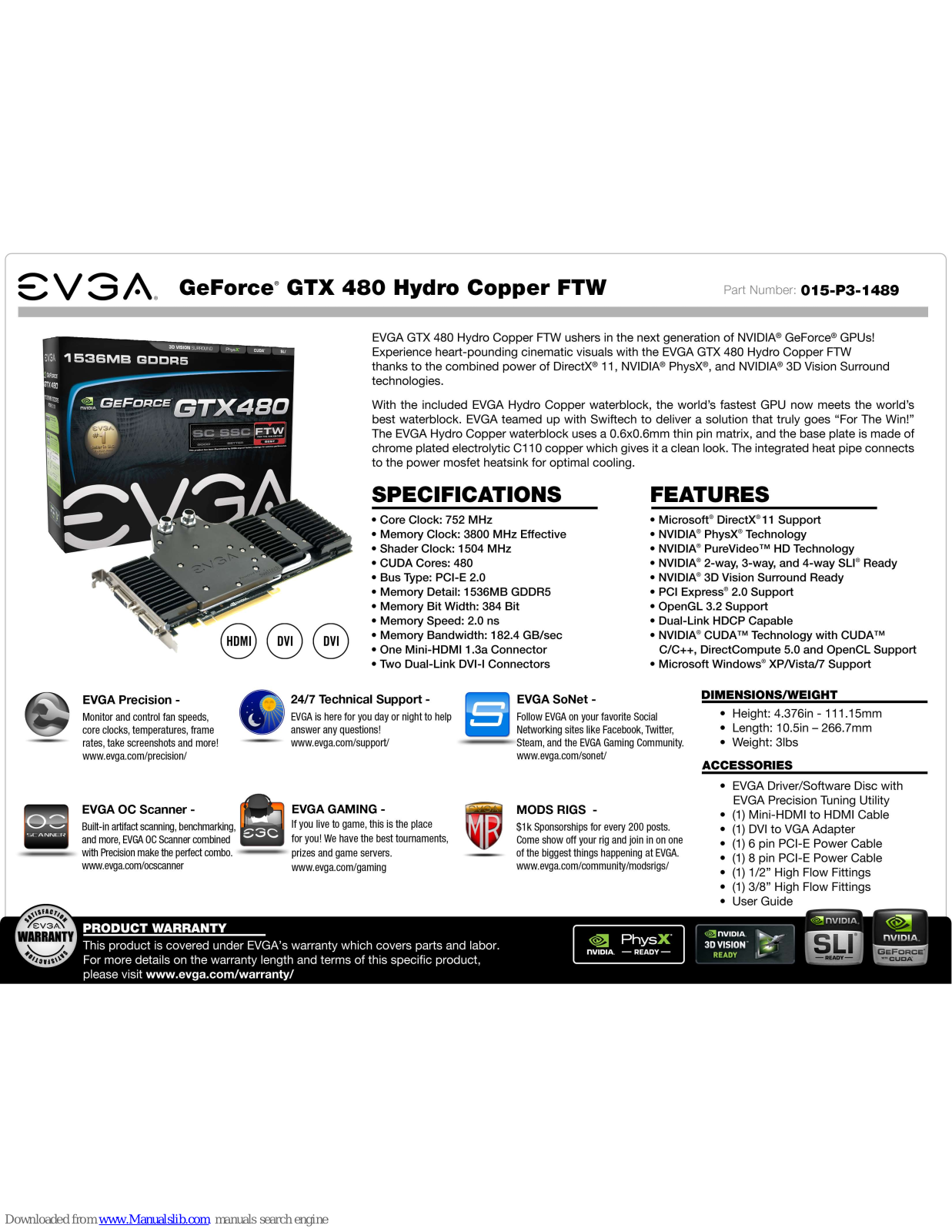 EVGA GeForce GTX 480 Hydro Copper FTW, 015-P3-1489 Specification - ManualMachine.com