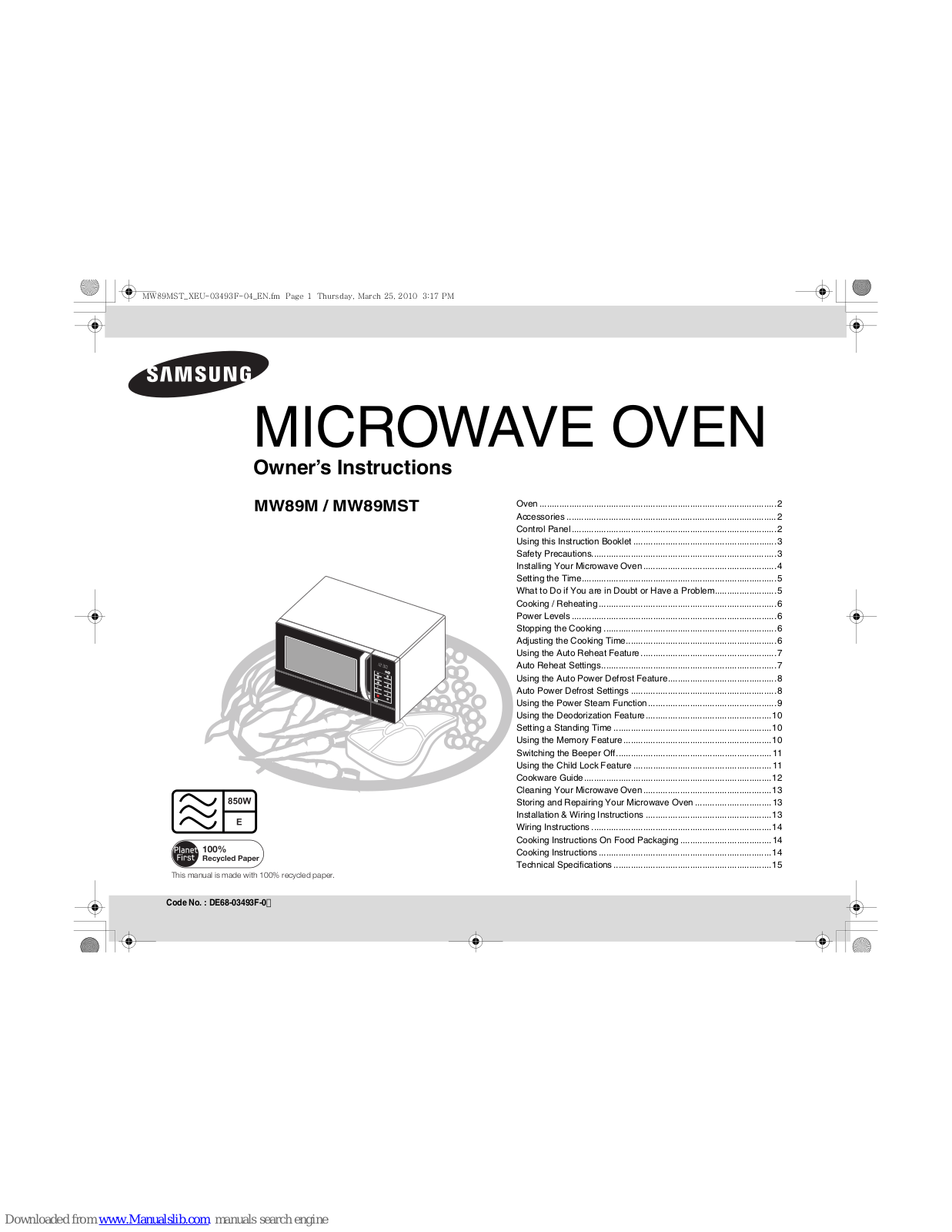 Samsung MW89M-W 23 Litres 1250W Solo Microwave Oven, MW89M User Manual