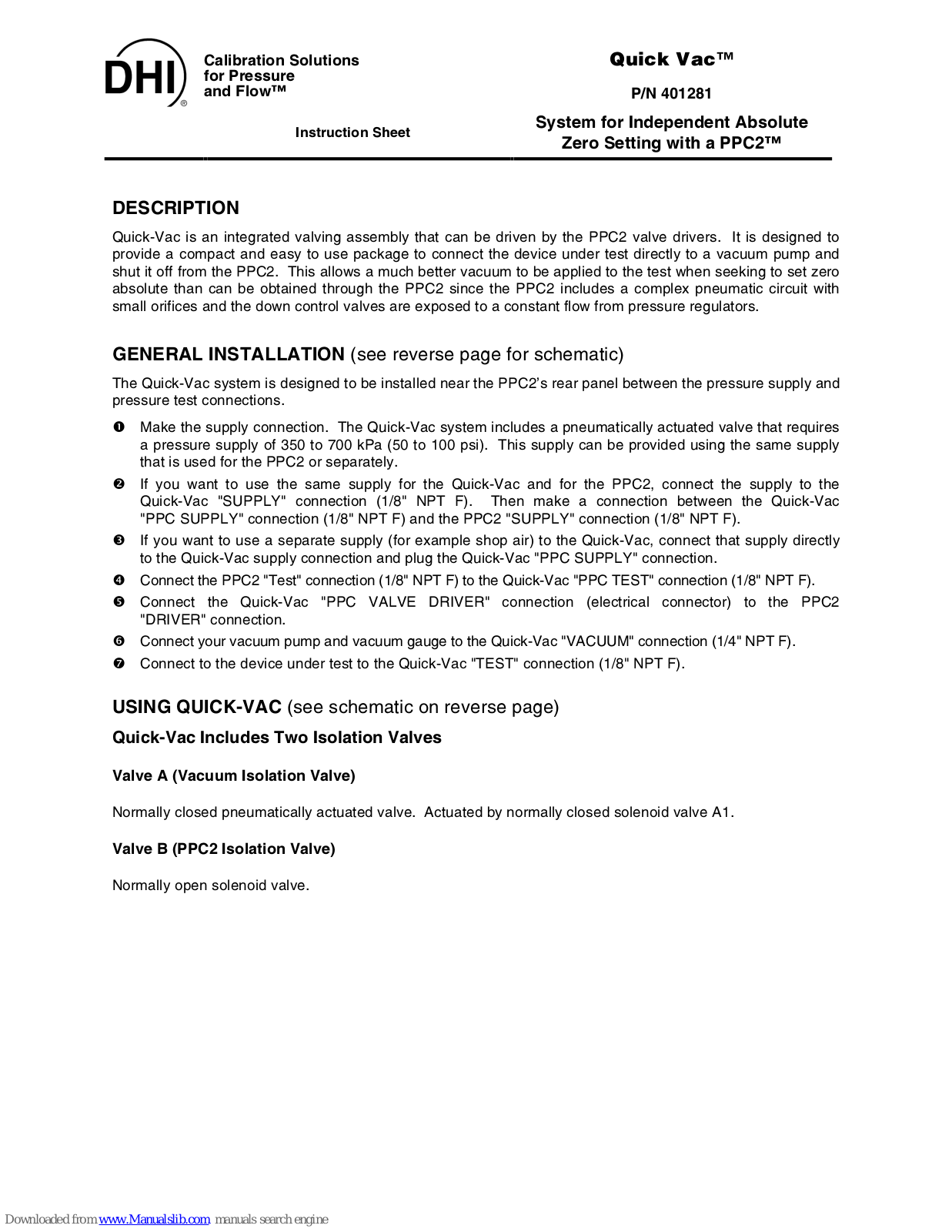 Fluke QUICK VAC Installation Manual