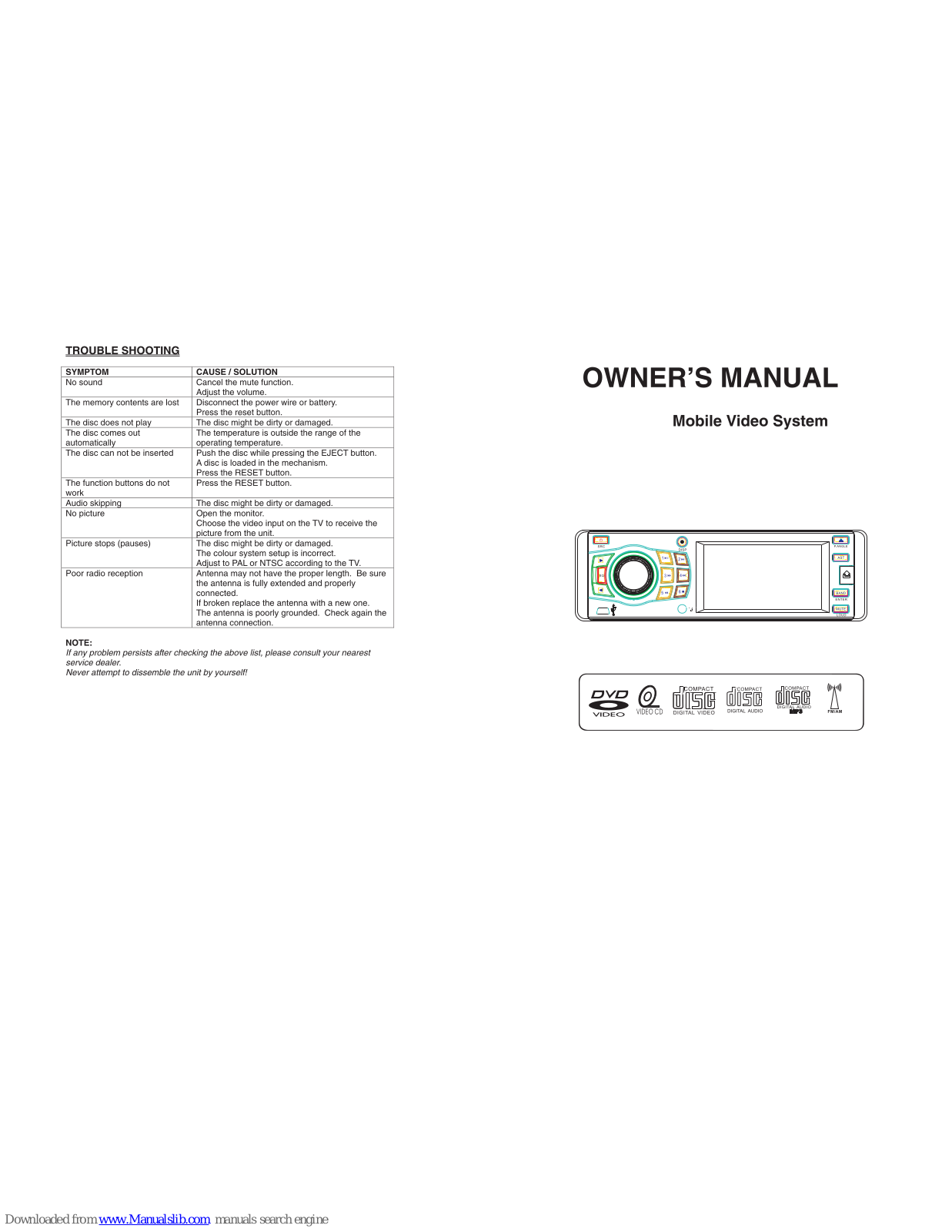 Soundstream mobile video system Owner's Manual