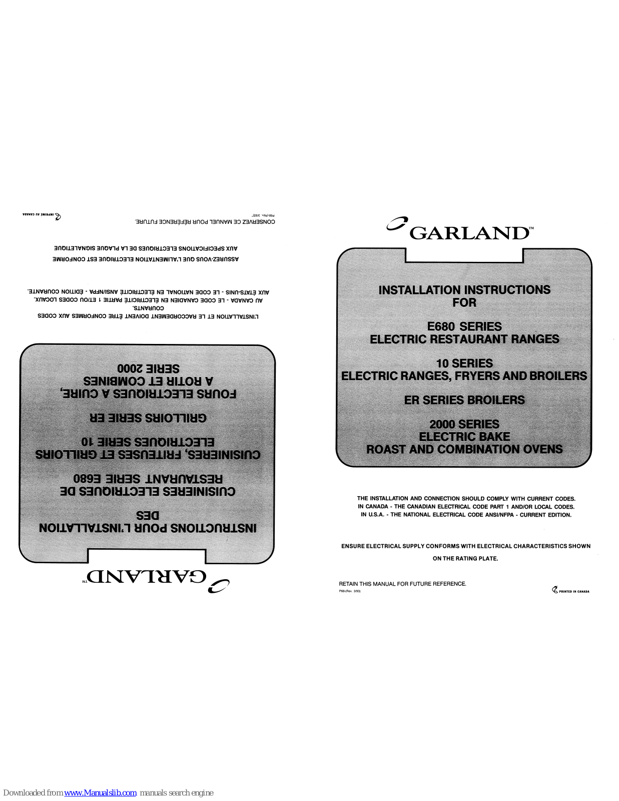 Garland E680 Series, 10 Series, ER Series, 2000 Series Installation Instructions Manual