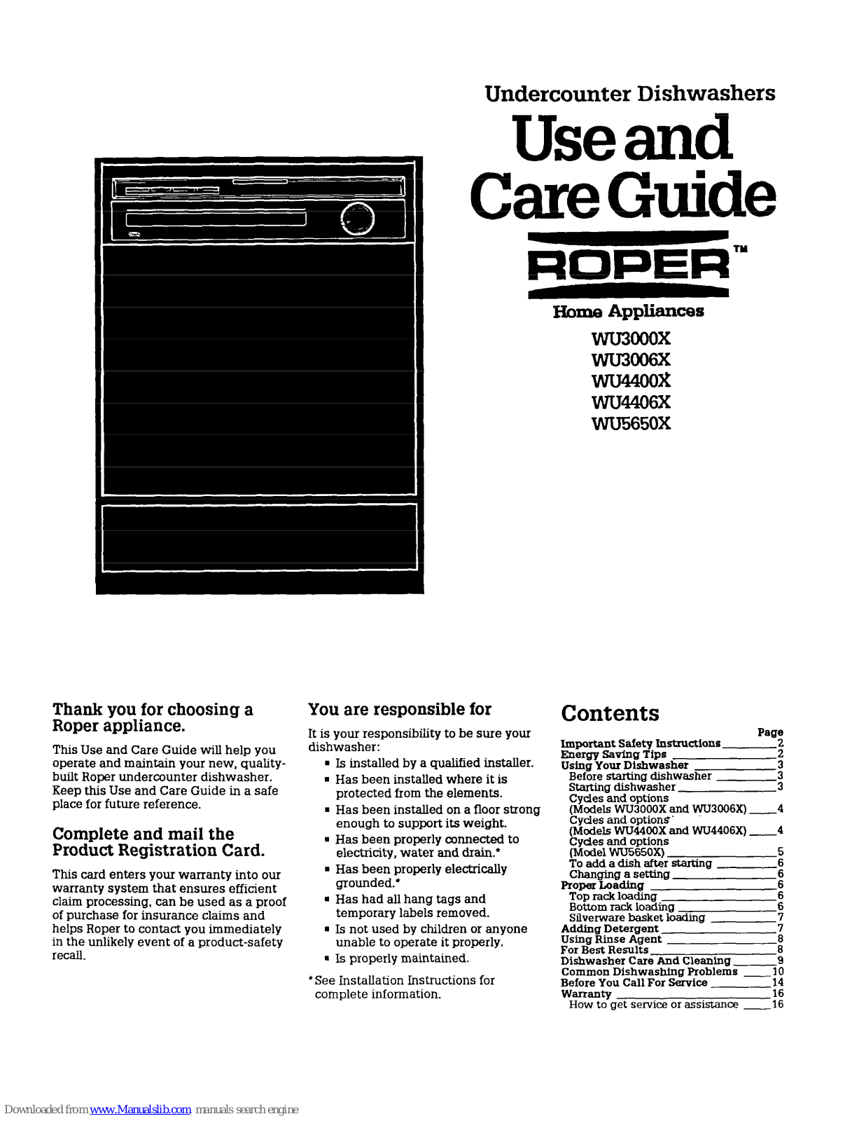 Roper WU3OOOX, WU3000X, WU3006X, WU4400X, WU4406X Use And Care Manual - ManualMachine.com